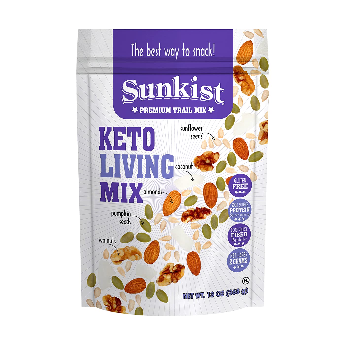 Sunkist® Keto Living Trail Mix - Fruit, Nut And Seeds, Low Sodium, Gluten Free Snack With Sunflower Seeds, Coconut, Almonds, Pumpkin Seeds, And Walnuts | Enhanced Quality | 13 Oz Resealable Bag