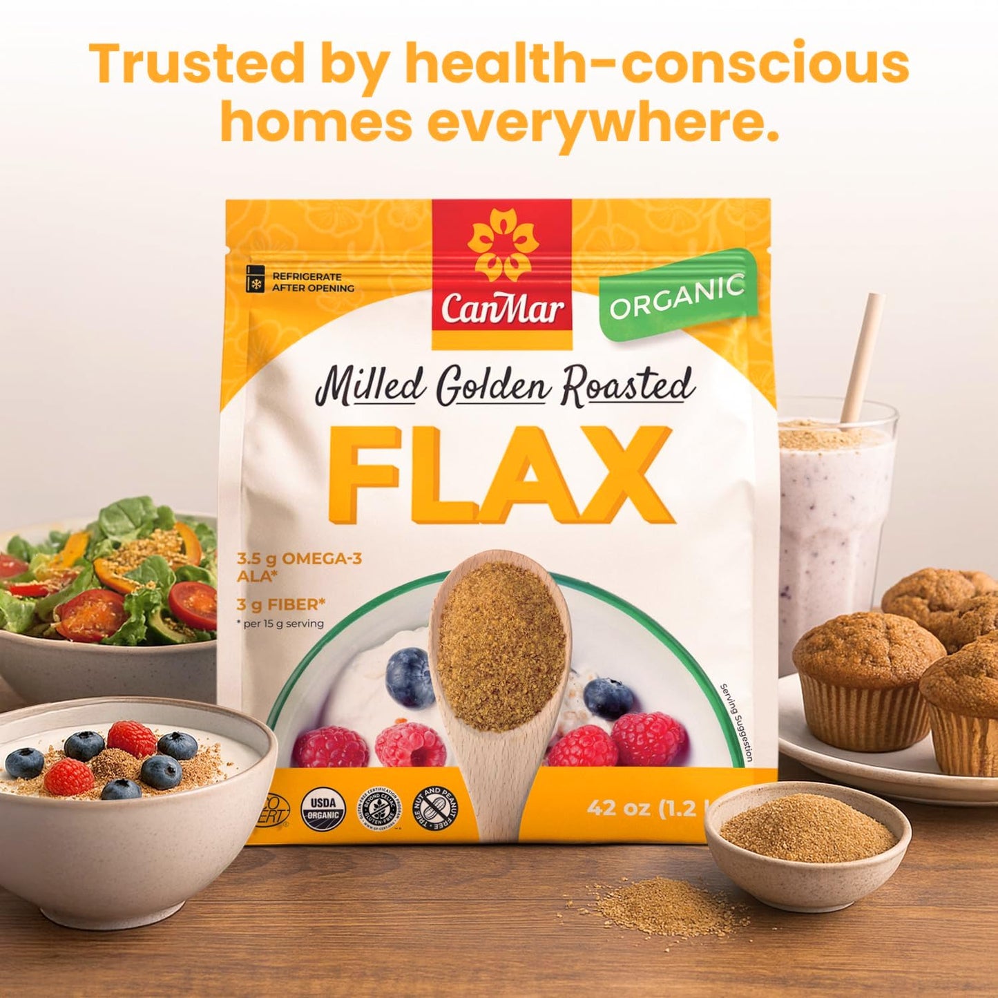 CanMar Ground Milled Golden Roasted Organic Flaxseed, 42 oz - Vegan, Non-GMO, Gluten Free - Flaxseed Meal with Omega-3, Fiber -