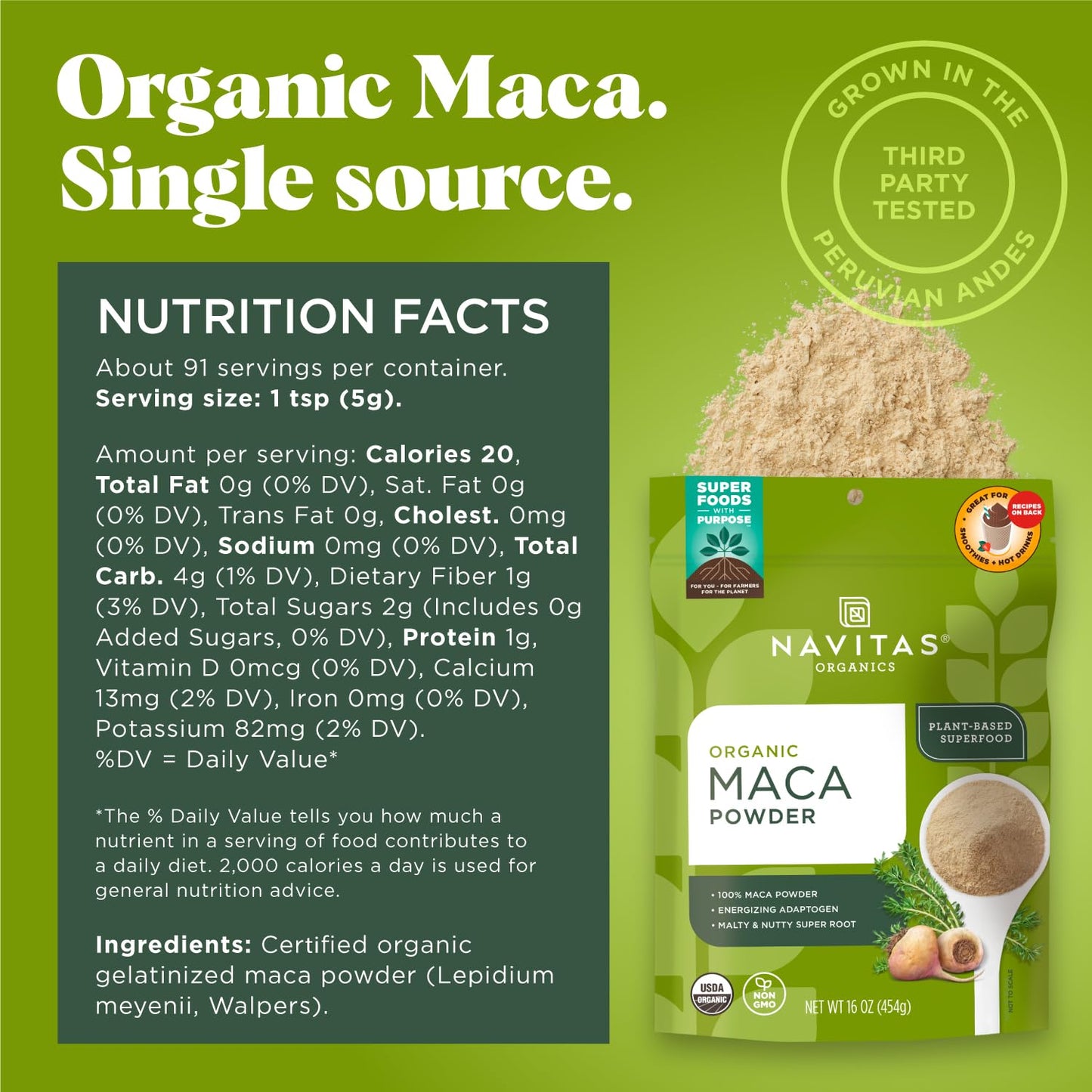 Navitas Organics Maca Powder, 100% Gelatinized, USDA Organic, Vegan, Gluten Free, 16oz Bag, 180 Servings, 2-Pack
