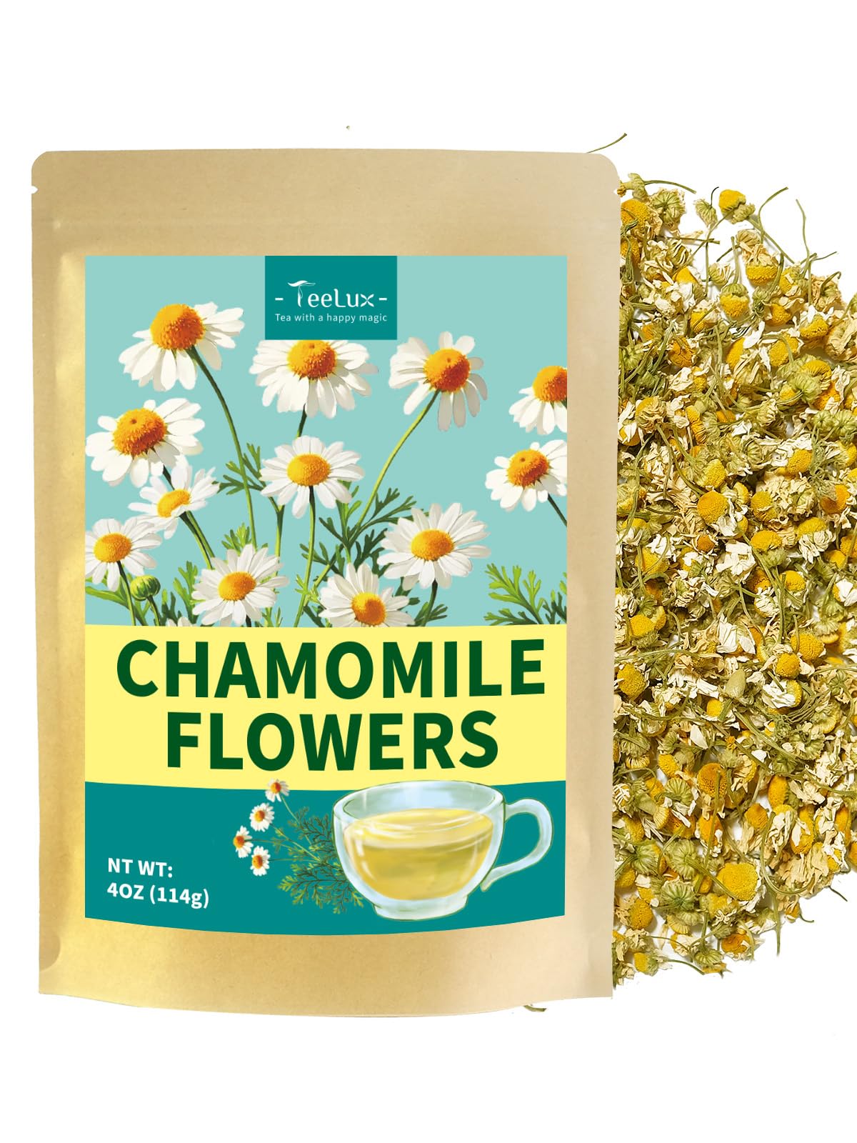 Teelux Chamomile Tea Loose Leaf  Whole Natural Chamomile Flowers  Floral Aroma & Smooth Taste  Energy Blend Free  4Oz
