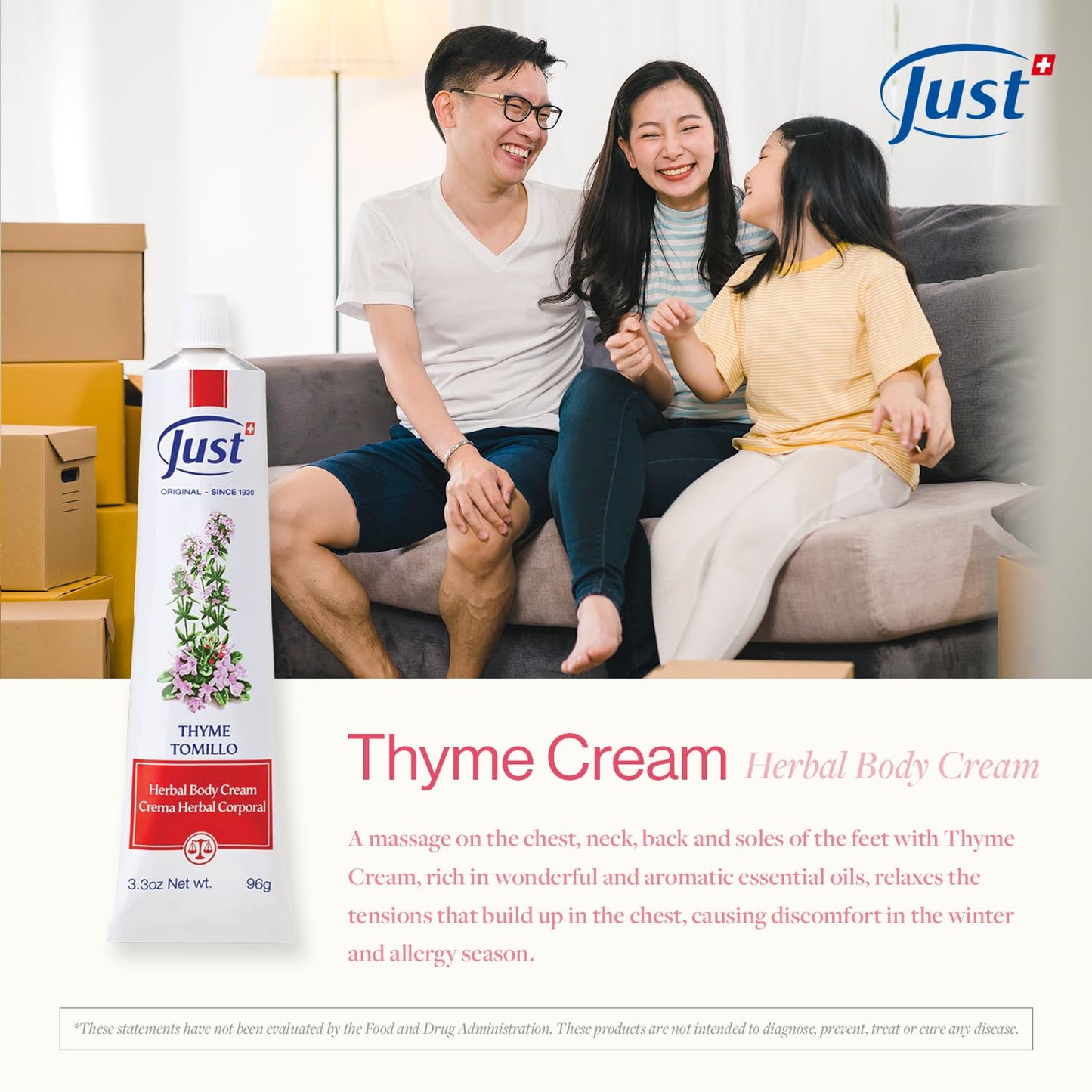 SwissJust Thyme Cream Massage Cream with Camphor, Essential Oils - 3.3 oz