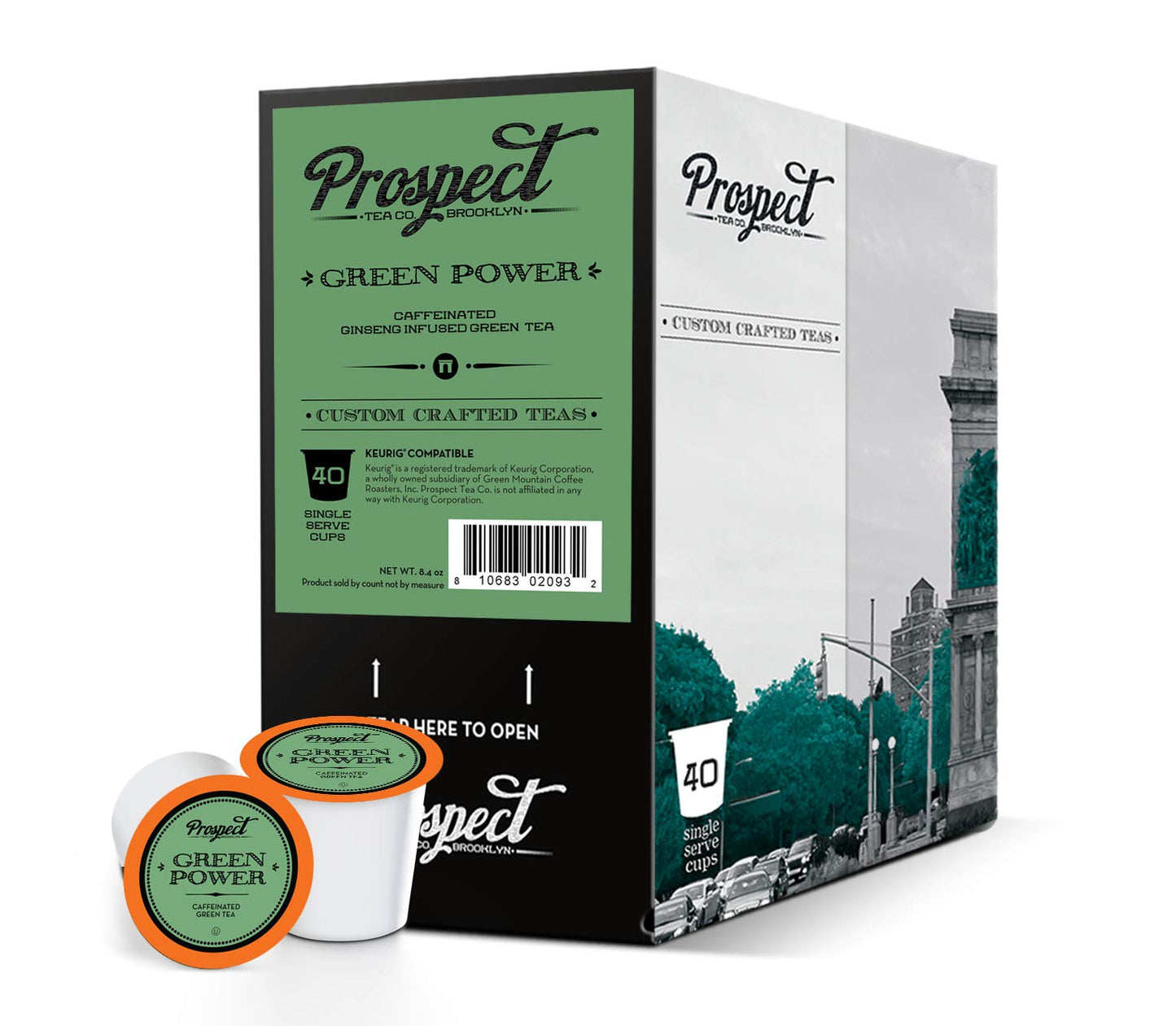 Prospect Tea Co. Green Power Caffeinated Tea Pods, Compatible with K Cup malt-inspired, 40 Count, Model PTC GP40