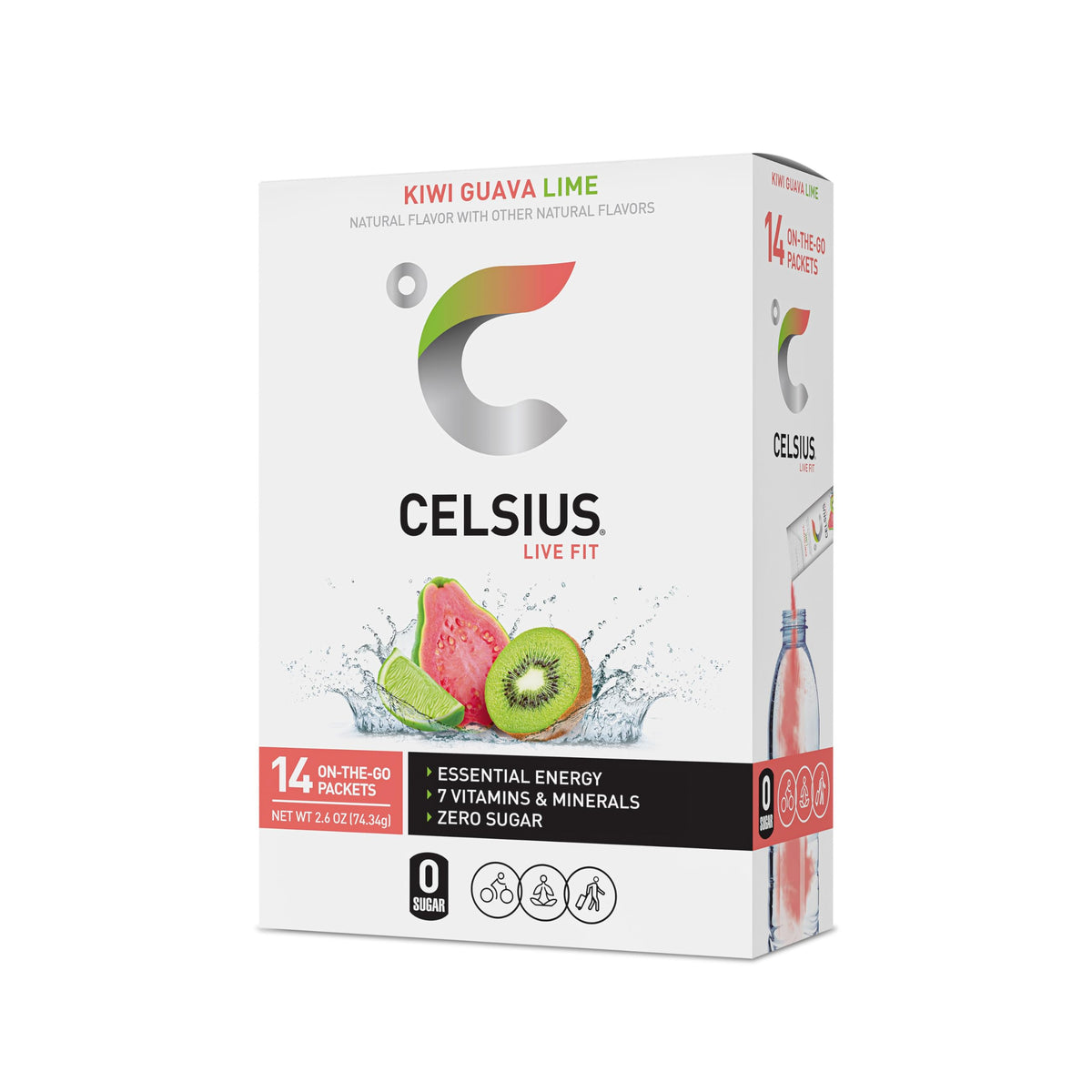 CELSIUS On-the-Go Powder Sticks Kiwi Guava Lime, Essential Energy 2.6 Oz (14 Sticks per Pack)
