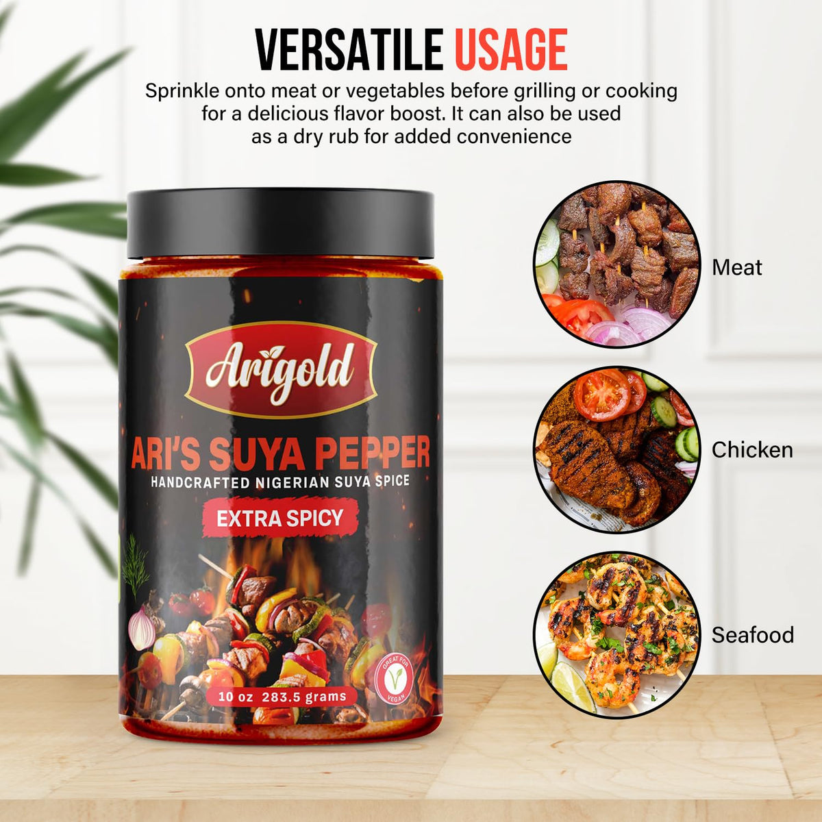 Arigold Suya Pepper - Extra Spicy Handcrafted Nigerian Spice - 10 oz Jar