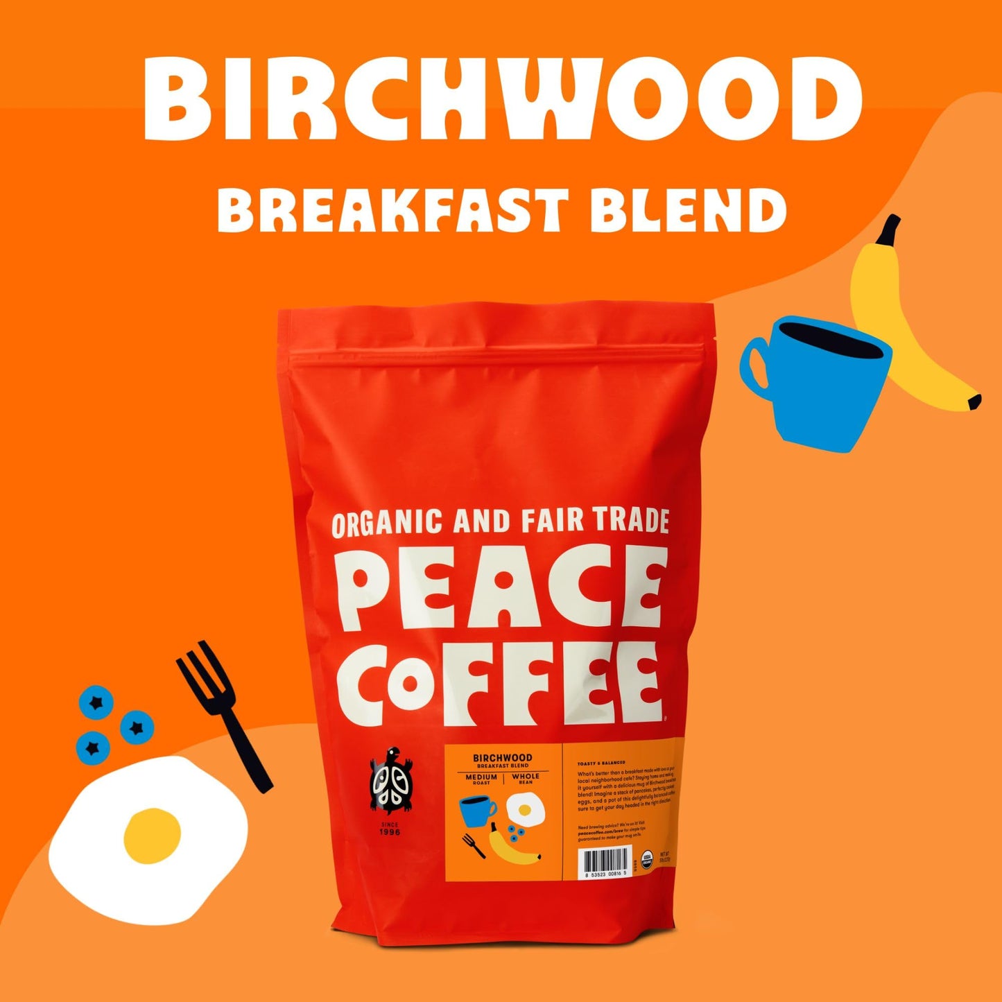 Peace Coffee Birchwood Breakfast Blend | 5 Lb Whole Bean Medium Roast | Organic Fair Trade | Smooth, Mild Favor | Shade Grown, F