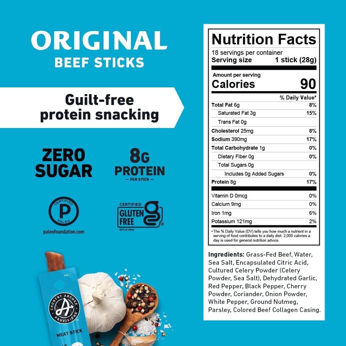 Country Archer Beef Jerky Sticks - Grass Fed Beef Sticks Individually Wrapped, Beef Sticks Bulk, Beef Jerky Snack Packs, Gluten