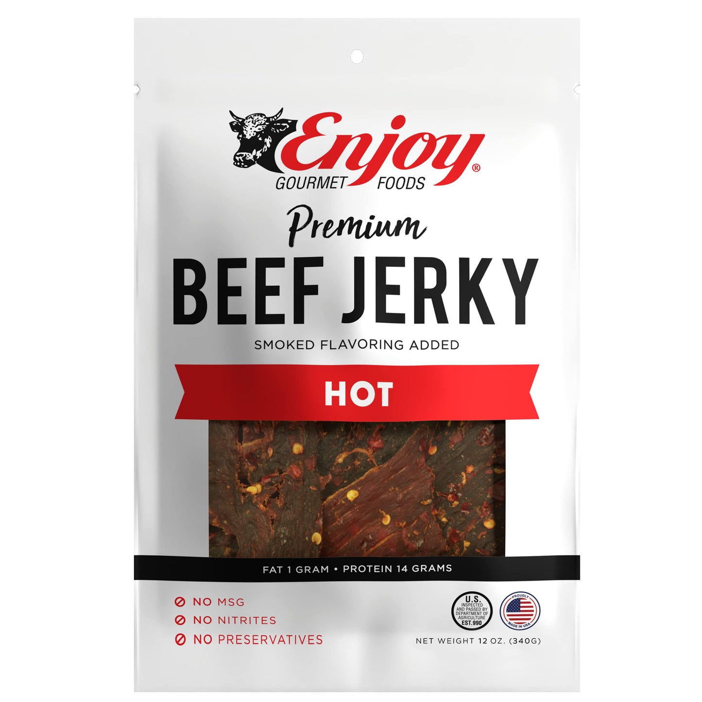 Enjoy Beef Jerky Hot | 12 Oz (Pack Of 1) | Traditional Style | Usa Made | High Protein | Low Fat | Zero Trans Fat | No Preservat