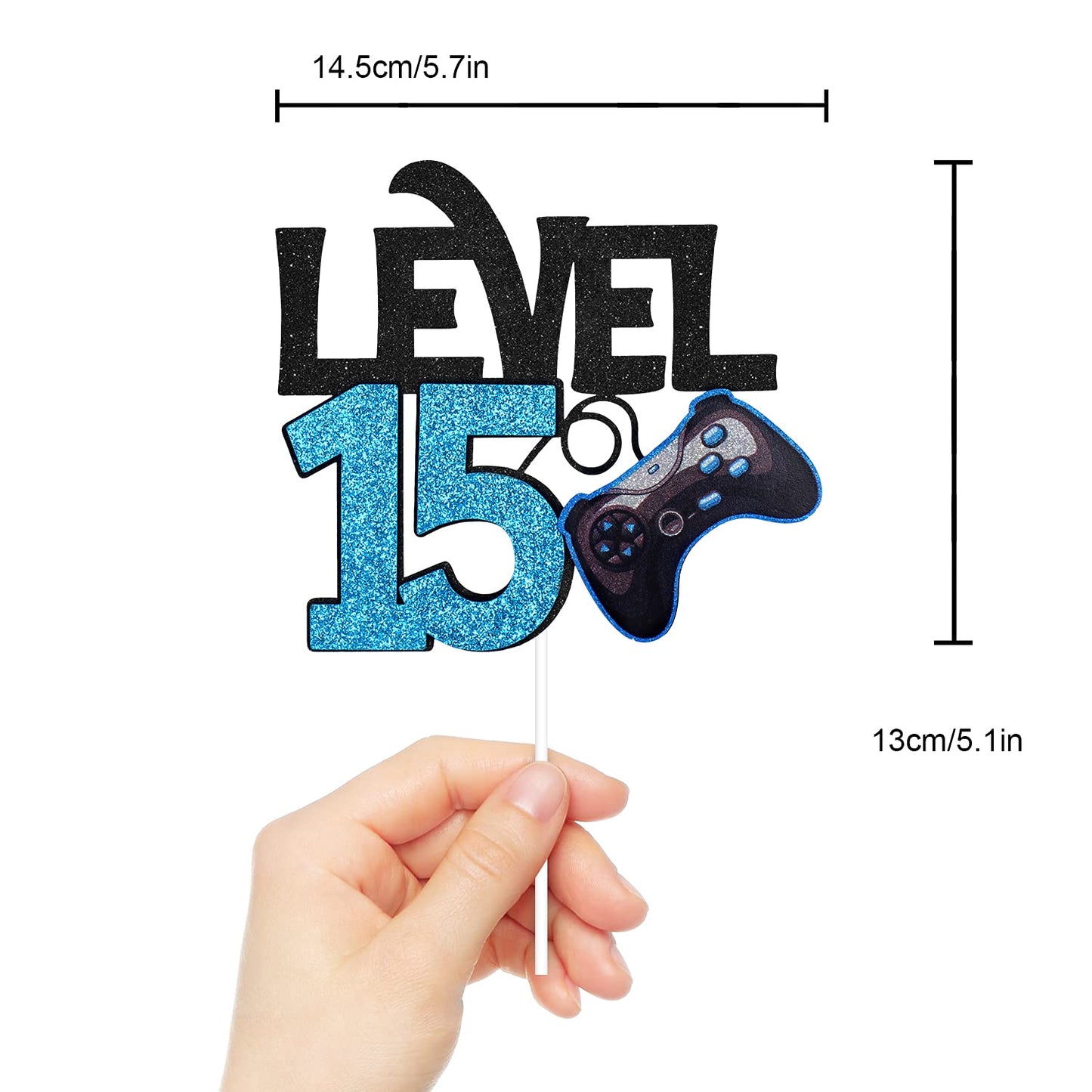Caiwowo Level 15 Game Birthday Cake Topper - Paper Decoration for Boys 15th Birthday - Blue, Black Gaming Party Supplies