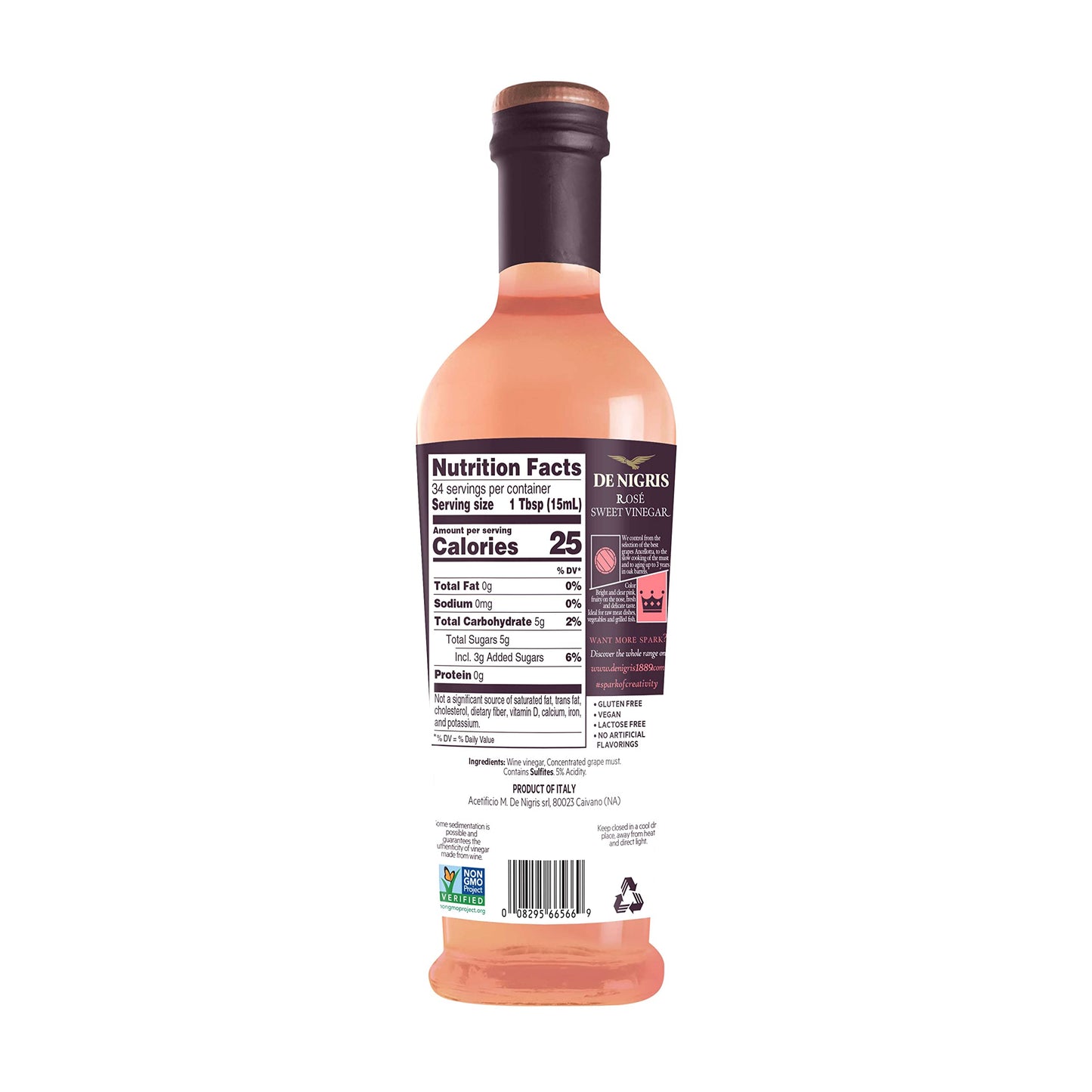De Nigris Sweet Rosé Wine Balsamic Vinegar, 16.9 Fl Oz (500ml), Roseoro