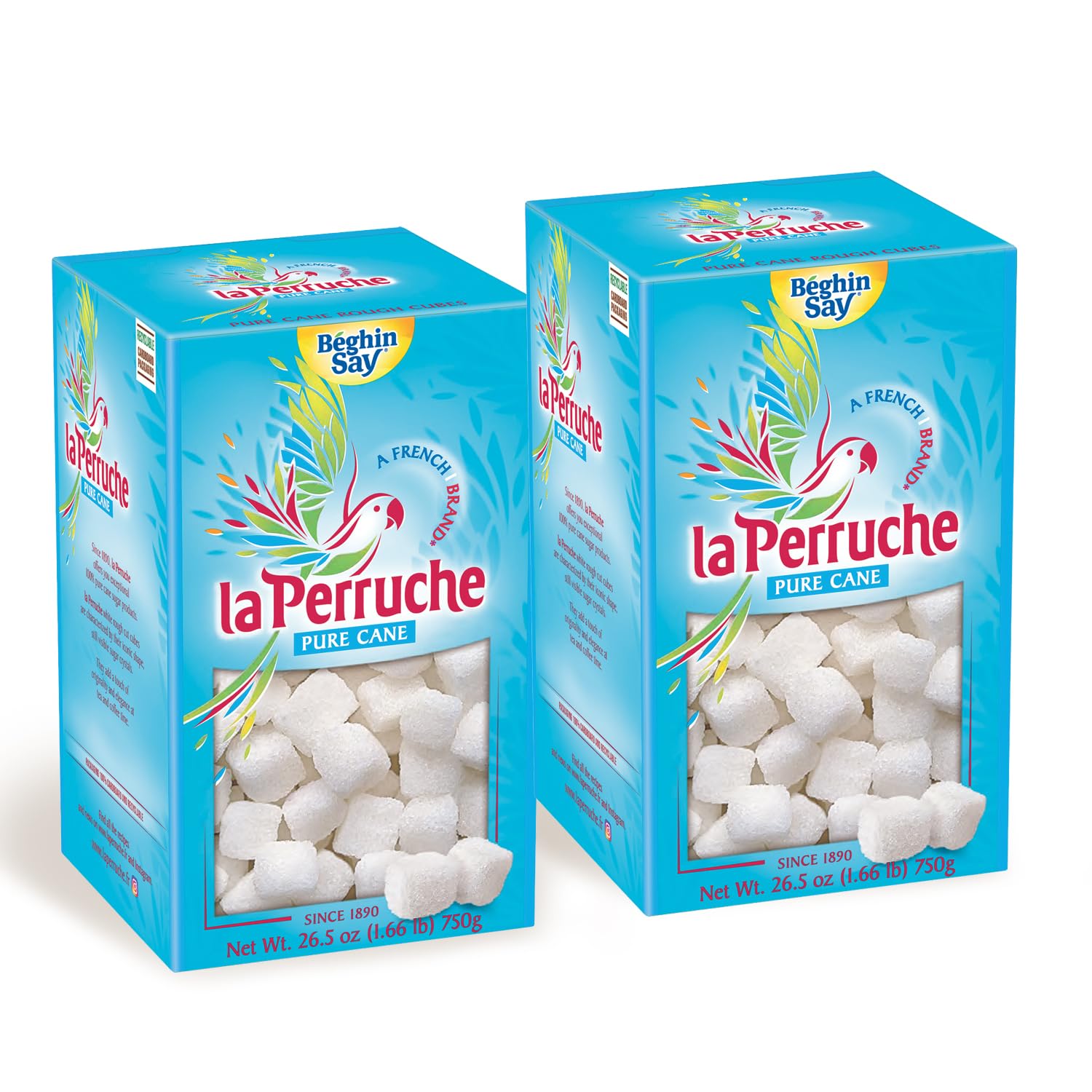 La Perruche Pure Cane White Sugar Cubes, Pack of 2, 750g (1.65lb) - Ideal for Teas