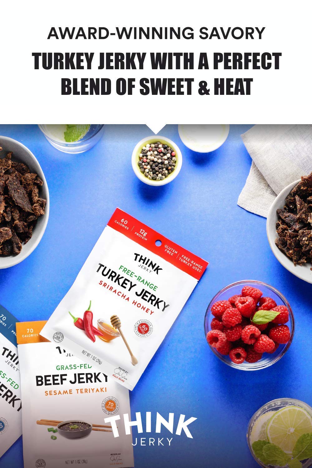 Think Jerky Sriracha Honey Turkey Jerky - Gluten Free, Low Calorie Snack, 2.2 Ounce Bags, Pack of 4