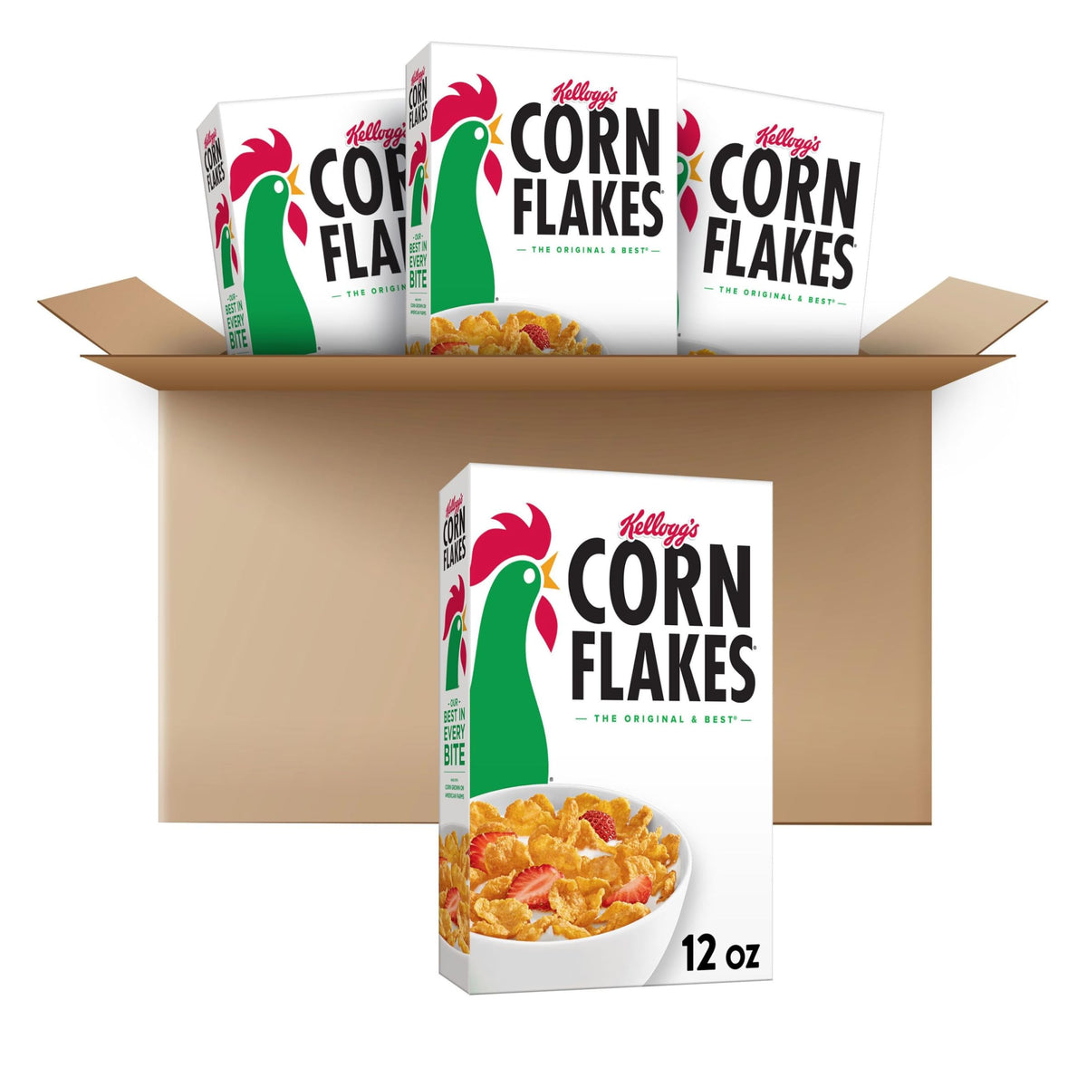 Kelloggs Corn Flakes Cold Breakfast Cereal, 8 Vitamins And Minerals, Healthy Snacks, Family Size, Original (4 Boxes)