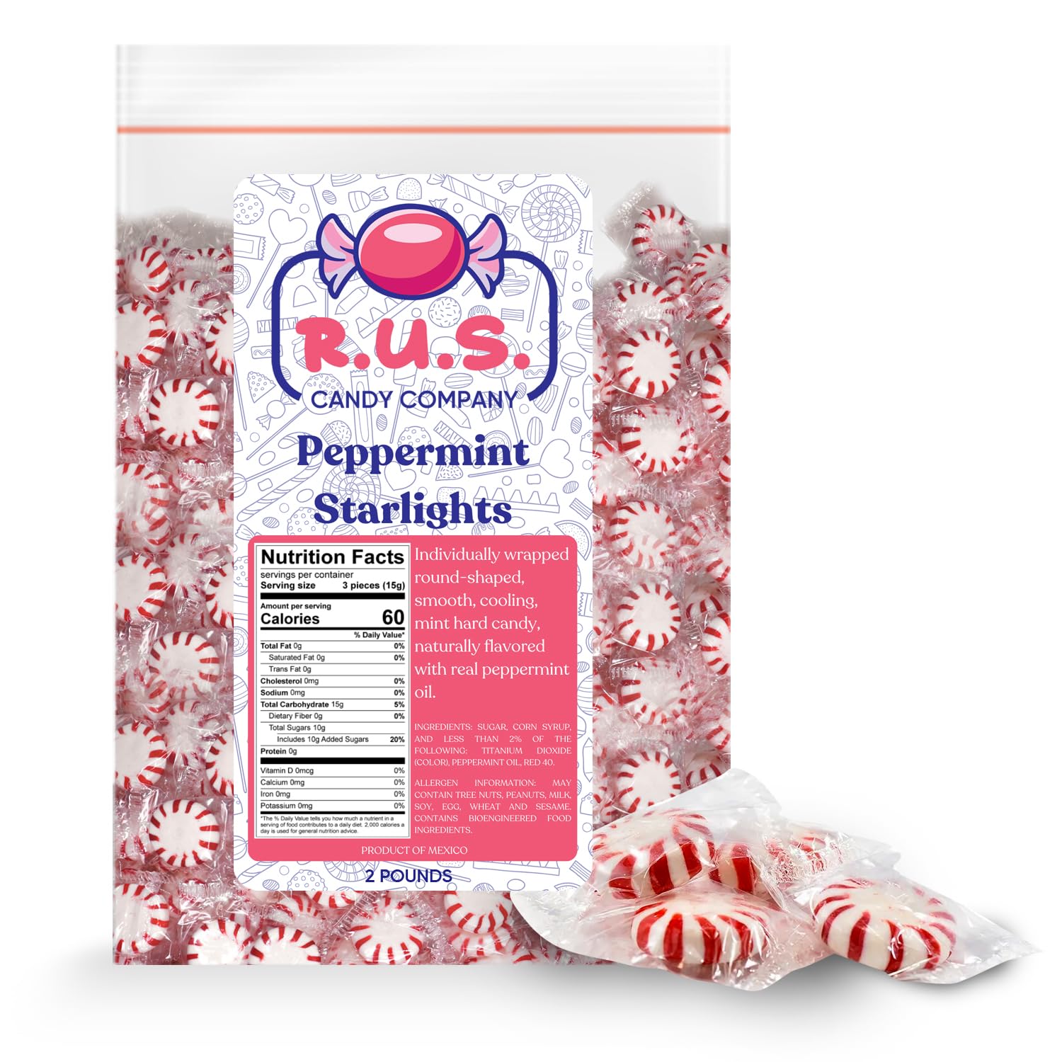 R.U.S. Candy Company Peppermint Starlite Candy - 2 Pound Bag - Refreshing Mint Hard Candy Perfect for Parties and Holiday Celebr