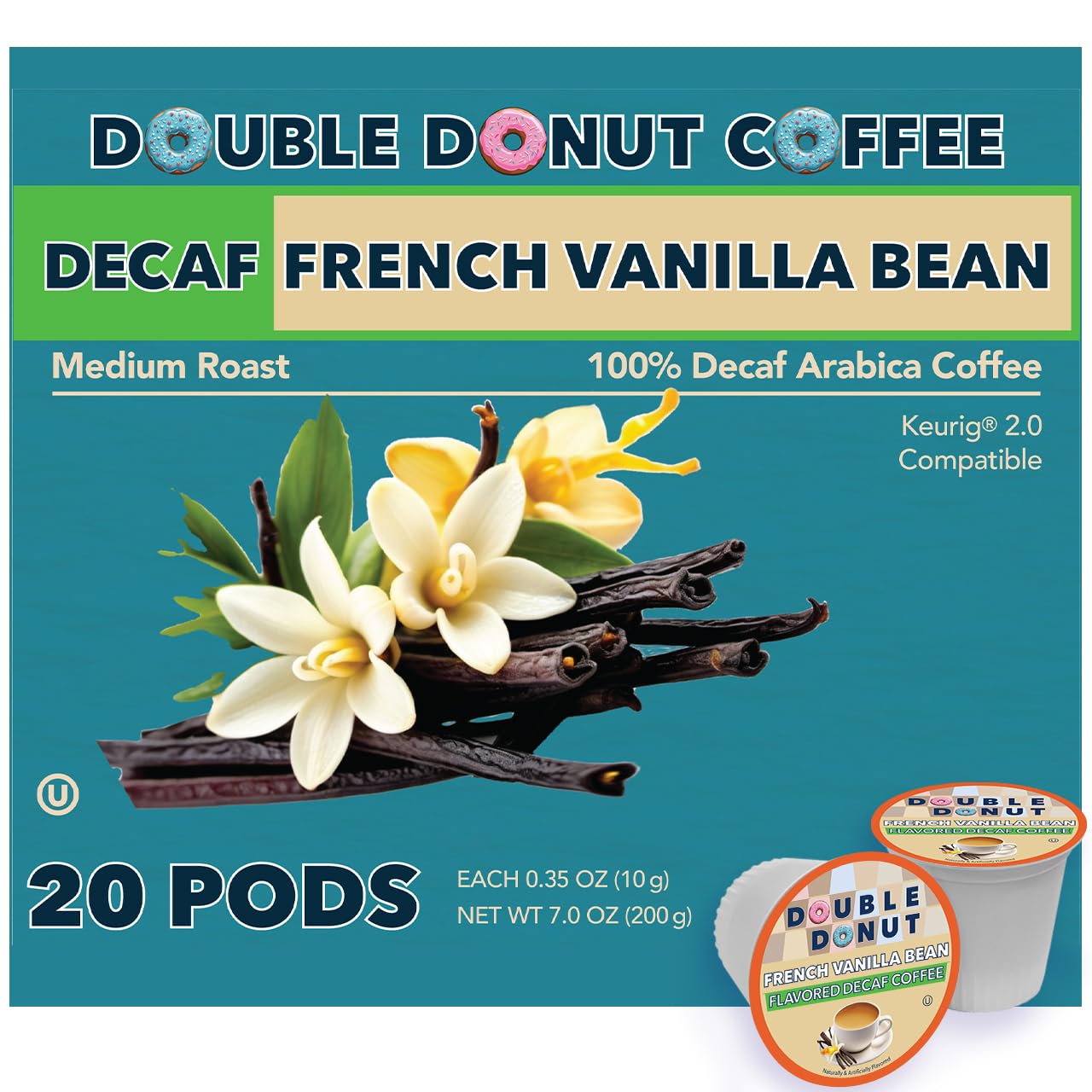 Double Donut Coffee Decaf French Vanilla Coffee Pods, Medium Roast, 20 Count, For Keurig K Cup Brewers