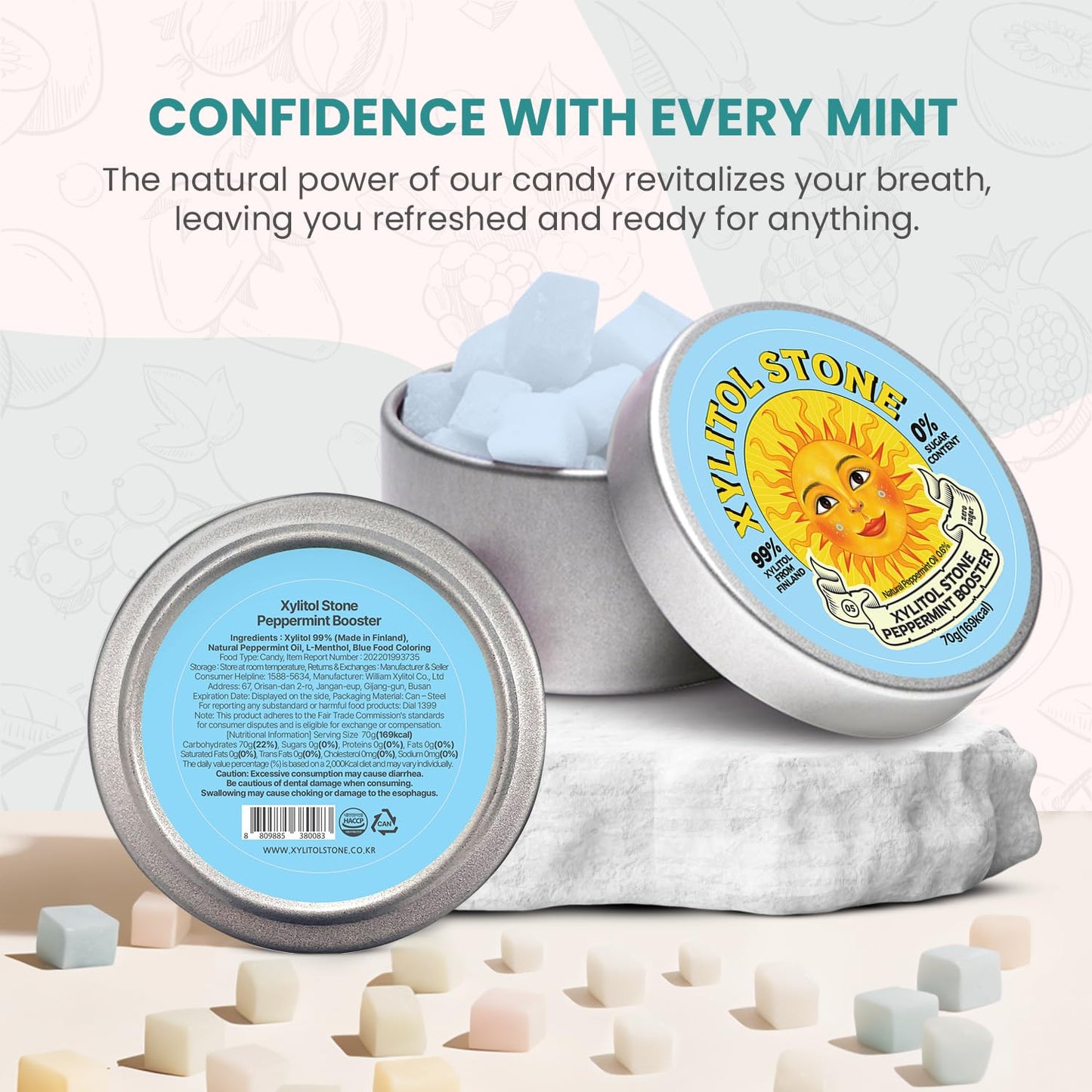 Xylitol Stone | Delicious Sugar Free Candy | 100% Finnish Xylitol Mints | Health Conscious Snacks | Refreshing Breath Mints | Unique Hard Candy Gift (Peppermint Booster Flavor)