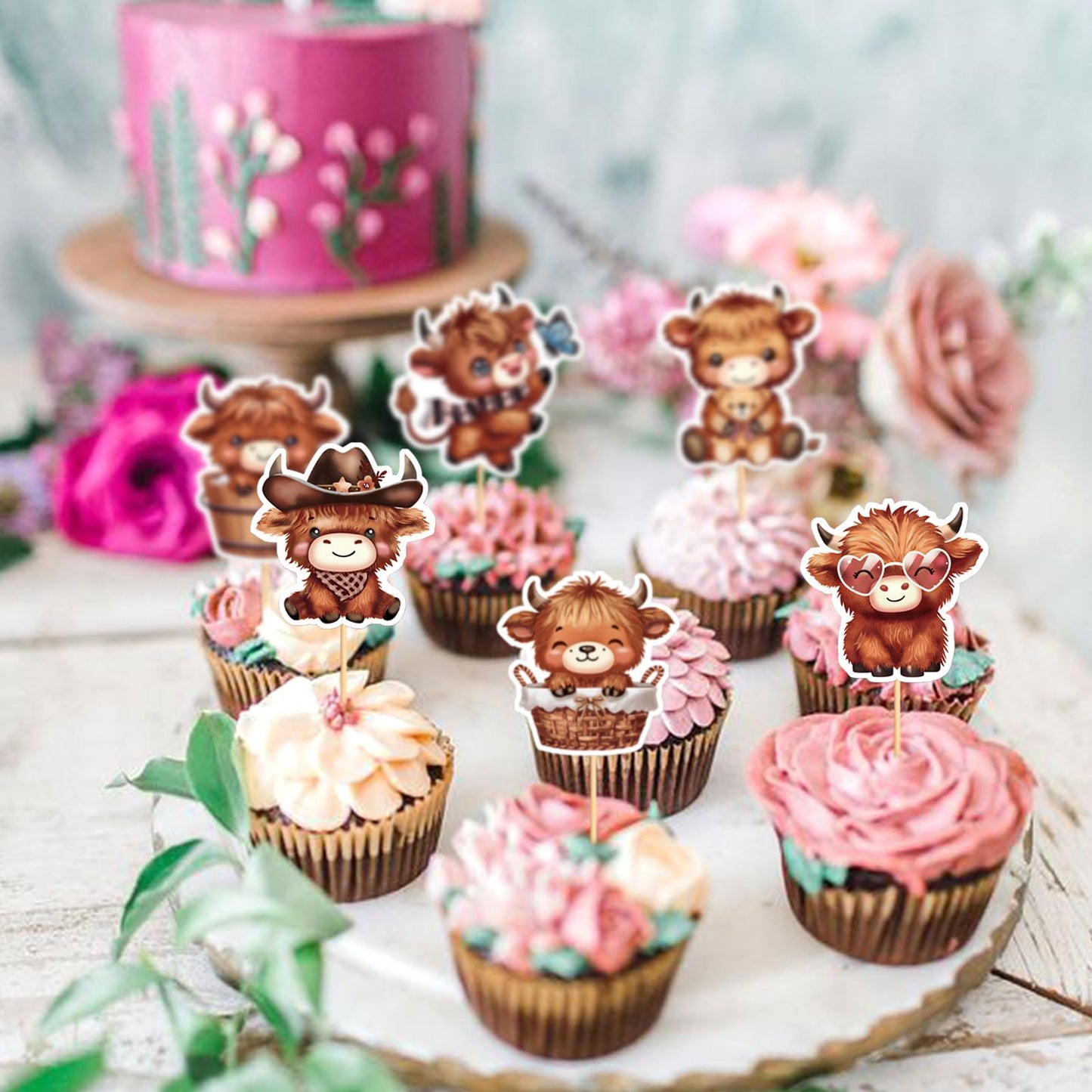 Keaziu Cupcake Toppers 24 Pack Highland Cow Picks Paper 2x0.2 Cow 2 Birthday Decorations Party Supplies