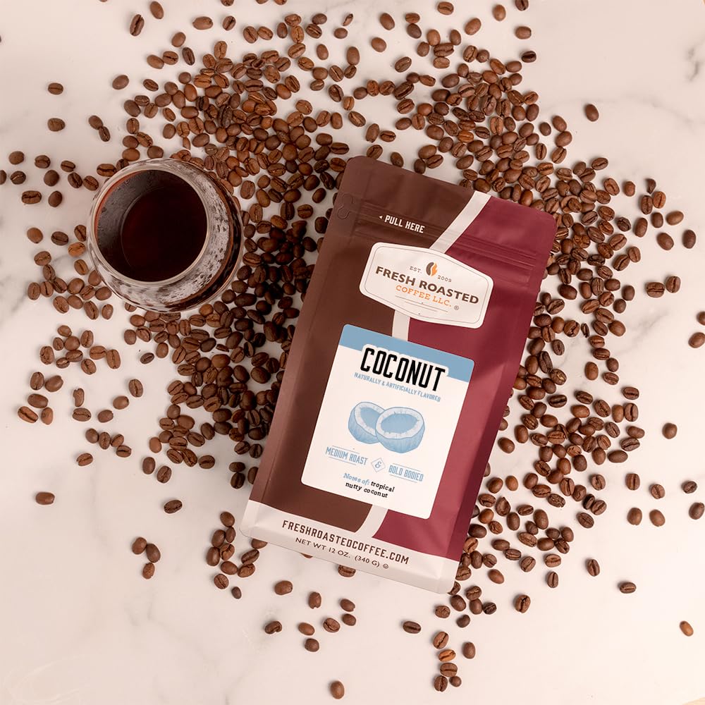 Fresh Roasted Coffee, Coconut Flavored Coffee, 12 Oz, Medium Roast, Kosher, Whole Bean