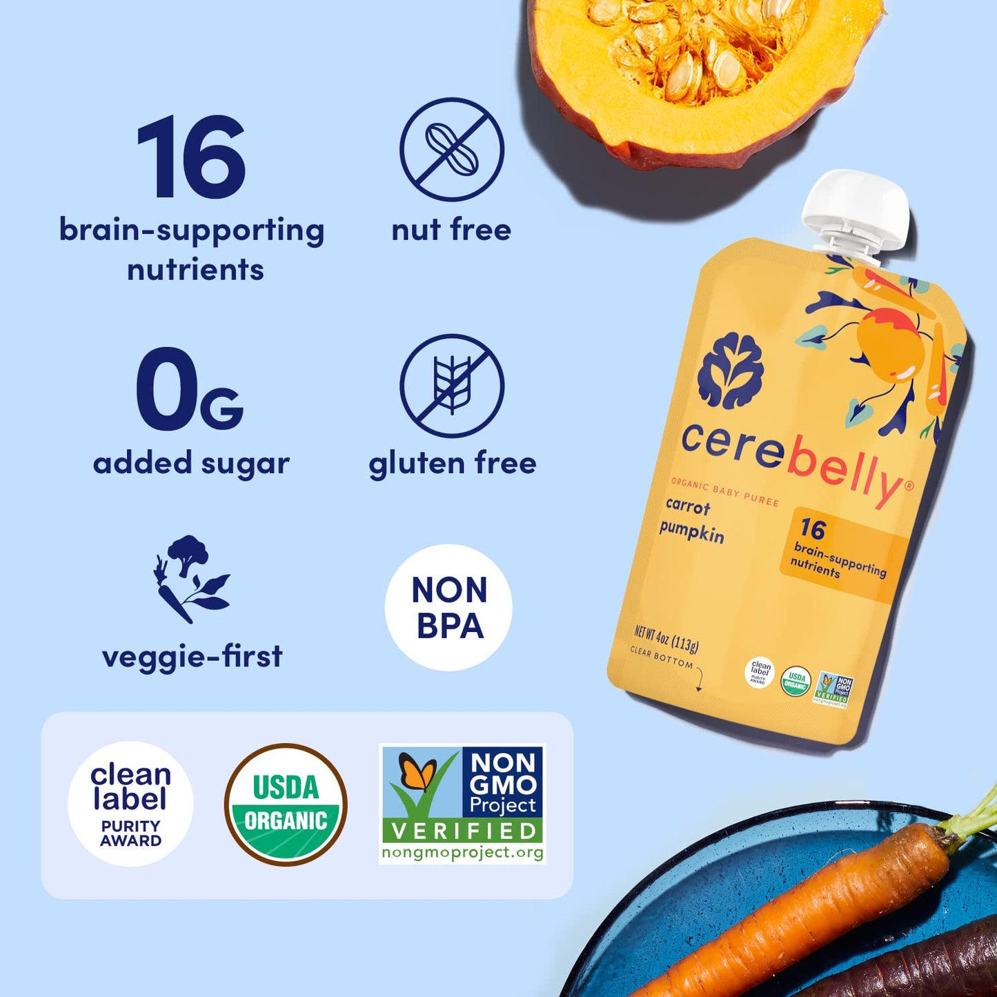 Cerebelly Organic Baby Food Pouches, Carrot Pumpkin Purees, 16 Nutrients, No Added Sugar, Fiber & Non-Gmo, 4Oz, 6 Pack