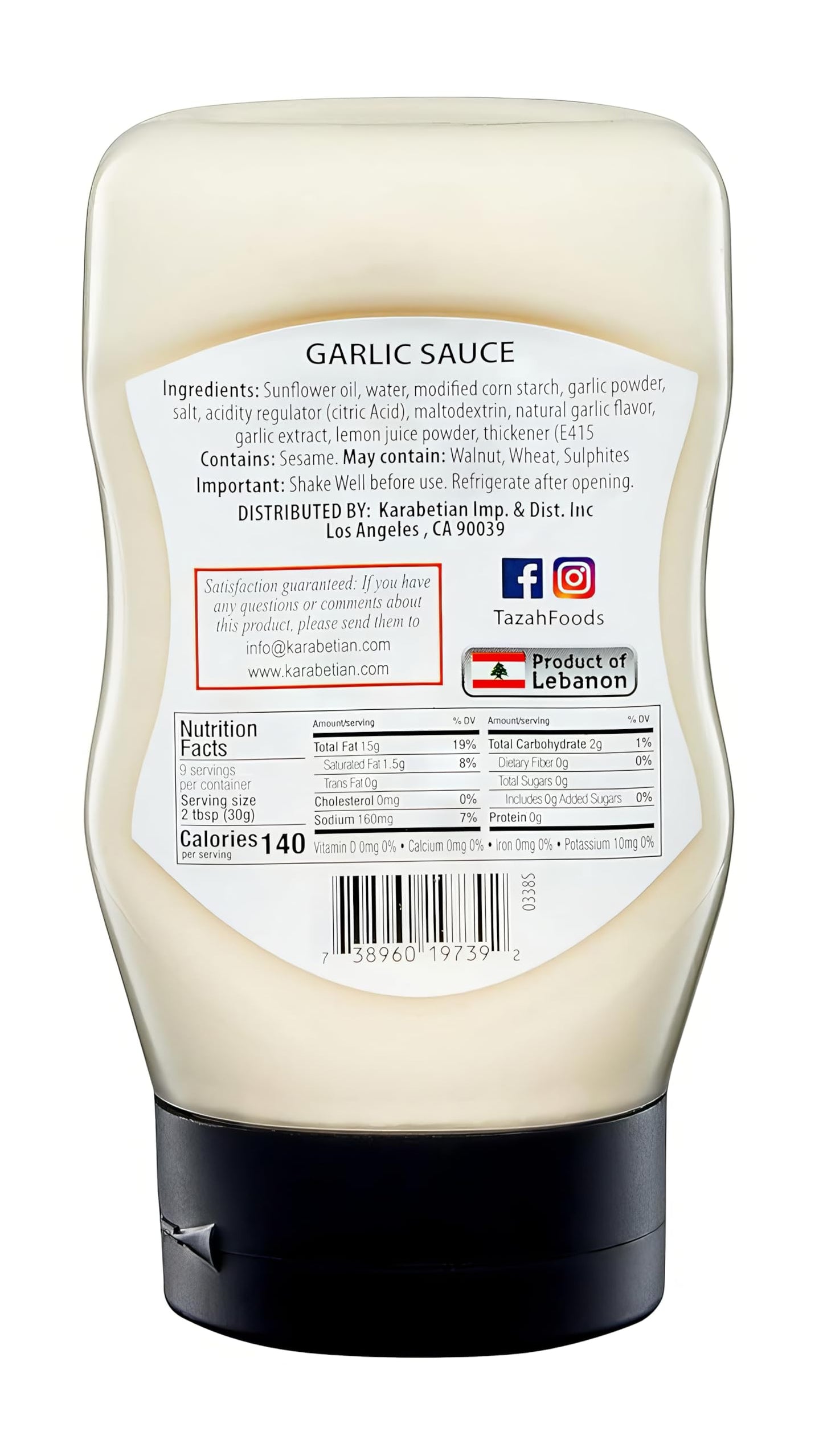 Tazah Lebanese Garlic Sauce 9.34 Fl Oz Squeezable Bottle Authentic Middle Eastern Creamy Garlic Dressing Great For Shawarma Fala