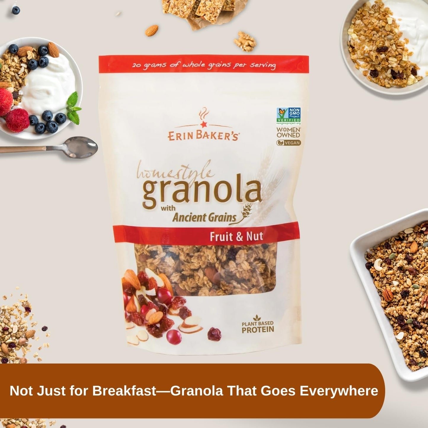 Erin Bakers Homestyle Granola Cereal With Ancient Grains, Fruit And Nut - Made From Natural Ingredients, Source Of Plant-Based Protein - Vegan Friendly, Non-Gmo, 12Oz Bags, 6-Pack