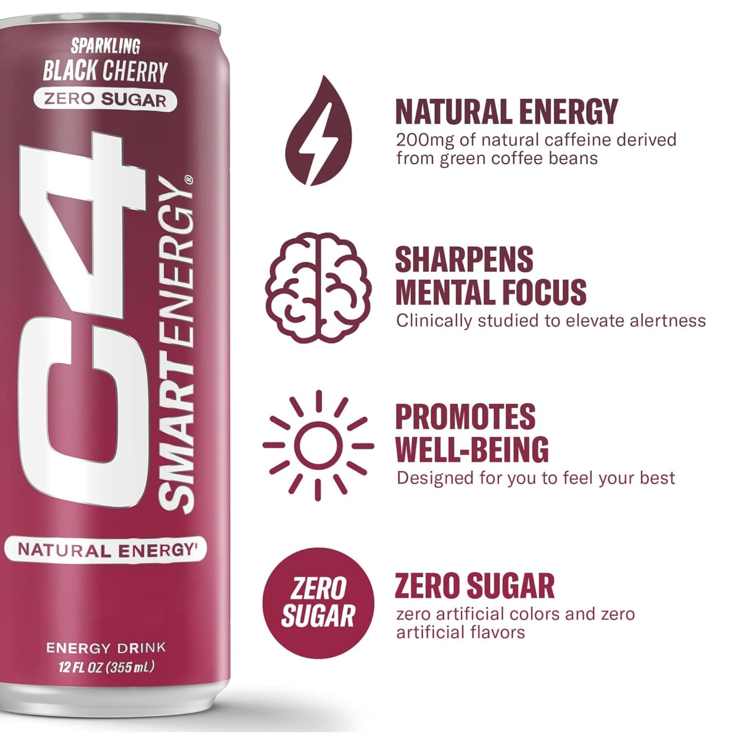 Cellucor C4 Smart Energy Drink - Sugar Free Performance Fuel & Nootropic - Black Cherry - 16 Fl Oz (Pack of 12)