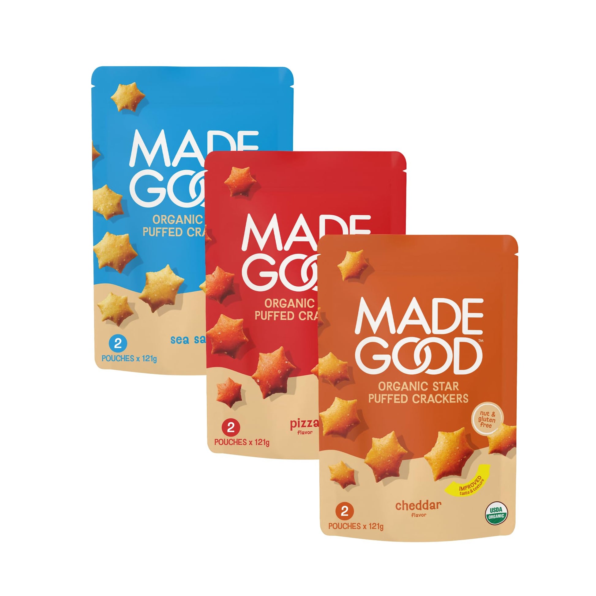 MadeGood Star Puffed Crackers Variety Pack - Sea Salt, Cheddar, and Pizza (6 Bags - 4.26 Oz Each) Gluten Free and Organic, Healt