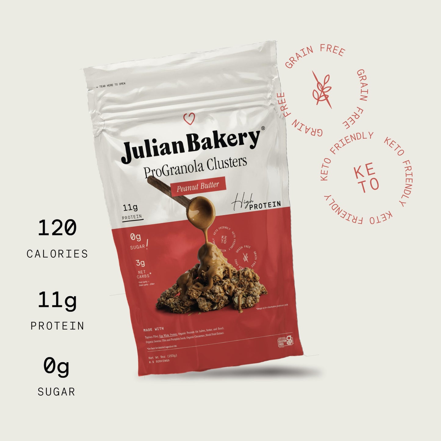 Julian Bakery ProGranola Cereal | Peanut Butter Cluster | 11g Protein | 3 Net Carbs | Gluten-Free | Grain-Free | 9oz (3 PACK)