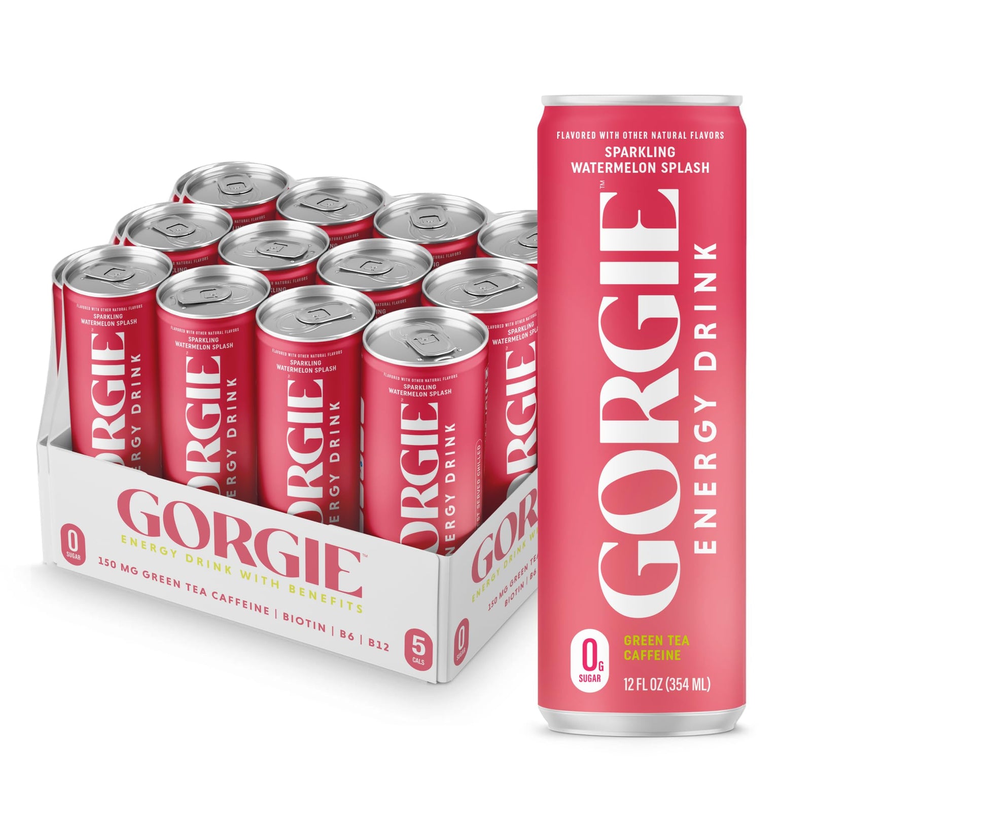GORGIE Sugar Free Natural Energy Drinks, Sparkling Watermelon Crush, 12 Pack, Vegan, 150mg Caffeine, Low Calorie