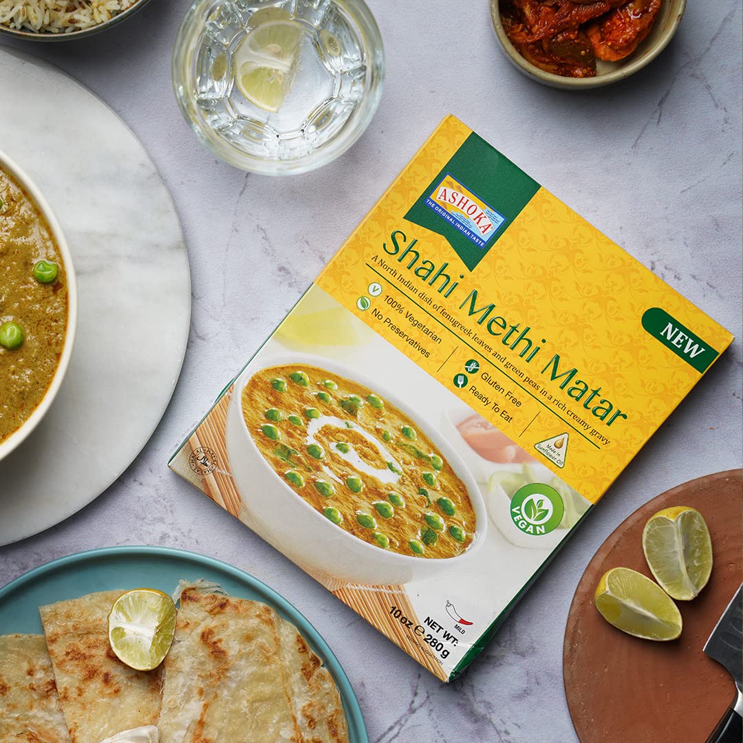 ASHOKA Ready to Heat Vegan Curry, Shahi Methi Matar, 10 oz, Gluten-Free, Kosher Certified, Pack of 5