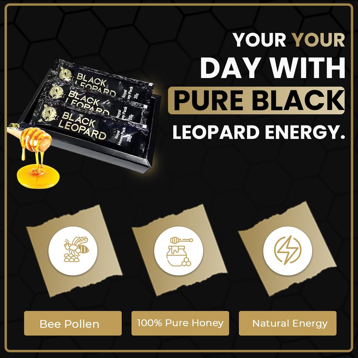 Black Leopard Honey Packs- 20 Gram Satchets - Pack of 10 - enhanced Pure Honey with Jelly Bee Pollen
