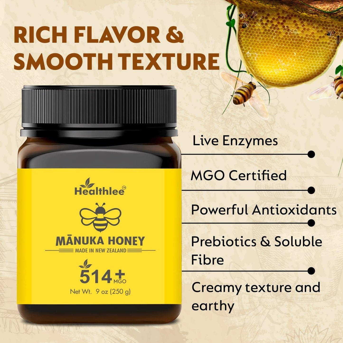 Healthlee Manuka Honey 514+ MGO, High Grade Monofloral, 8.8oz (250g)