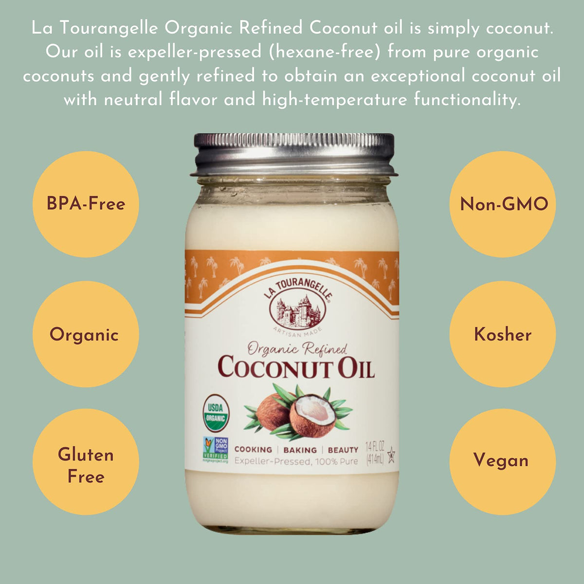 La Tourangelle, Organic Refined Coconut Oil, Great For Cooking, Baking, Hair, And Skin Care, 14 Fl Oz