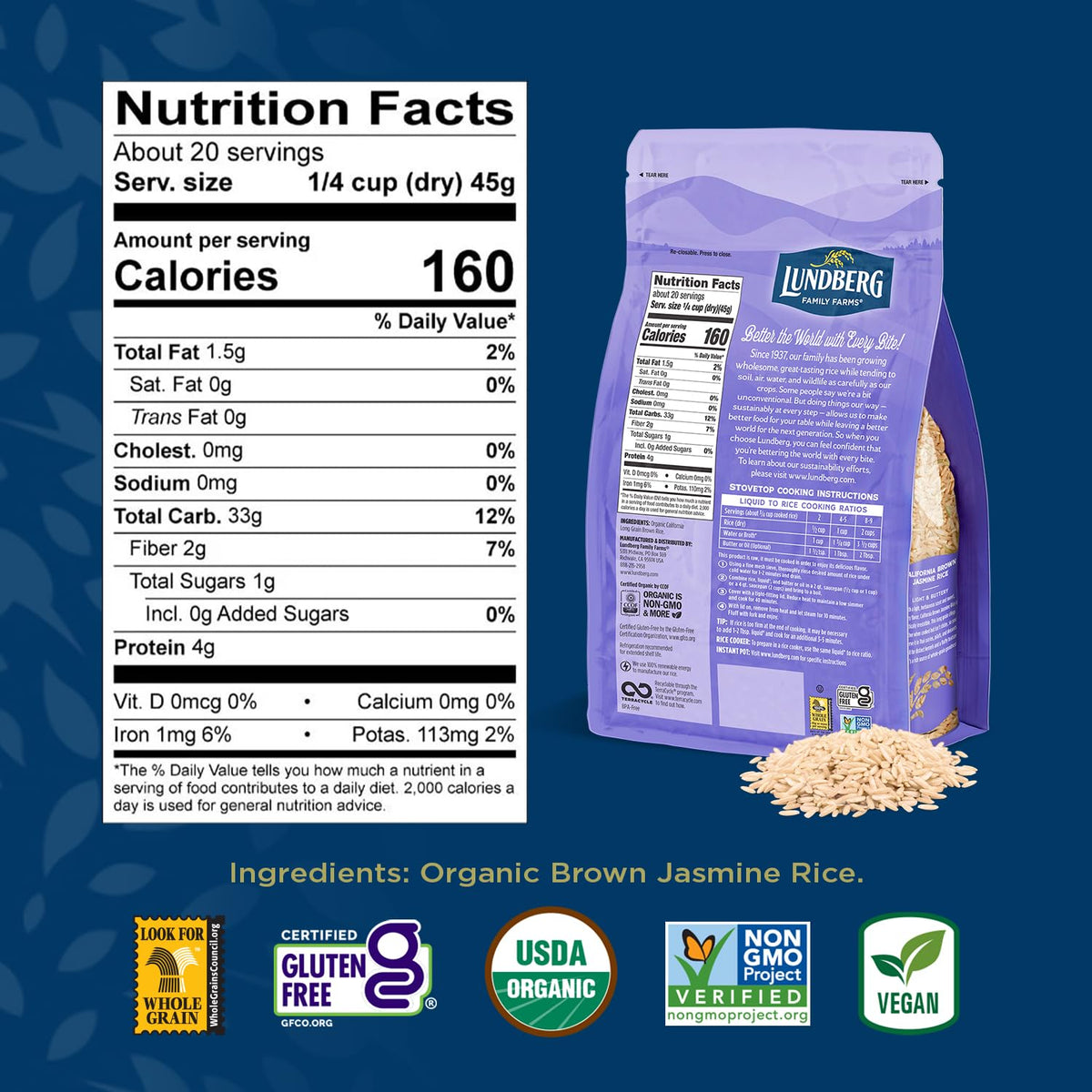 Lundberg Family Farms - Organic California Brown Jasmine Rice, Herbaceous Scent, Clings When Cooked, 100% Whole Grain, High Fibe