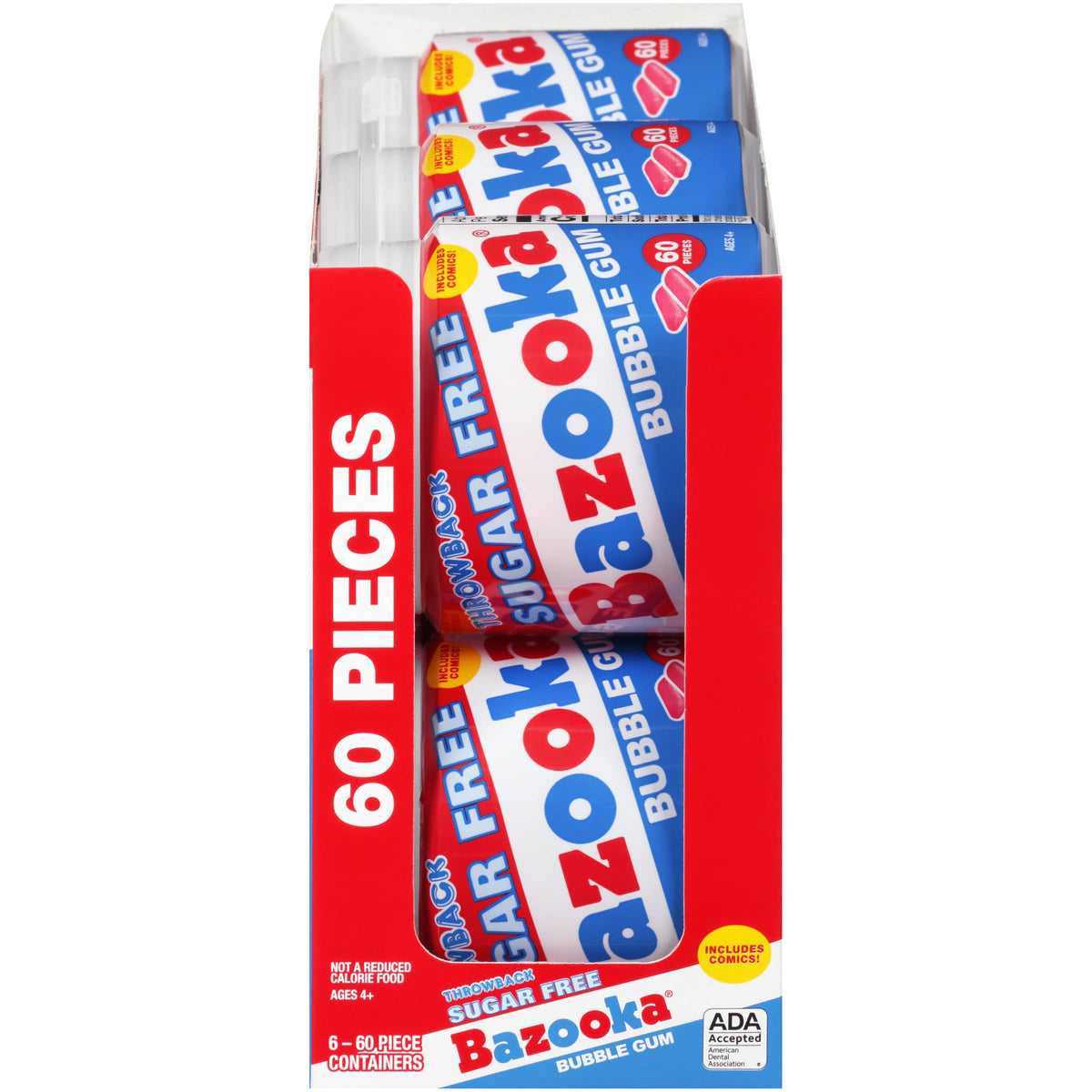 Bazooka Sugar Free Bubble Gum - 60 Count To Go Cup (Pack Of 6) Pink Chewing Gum In Original Sugarless Flavor - Fun Old Fashioned