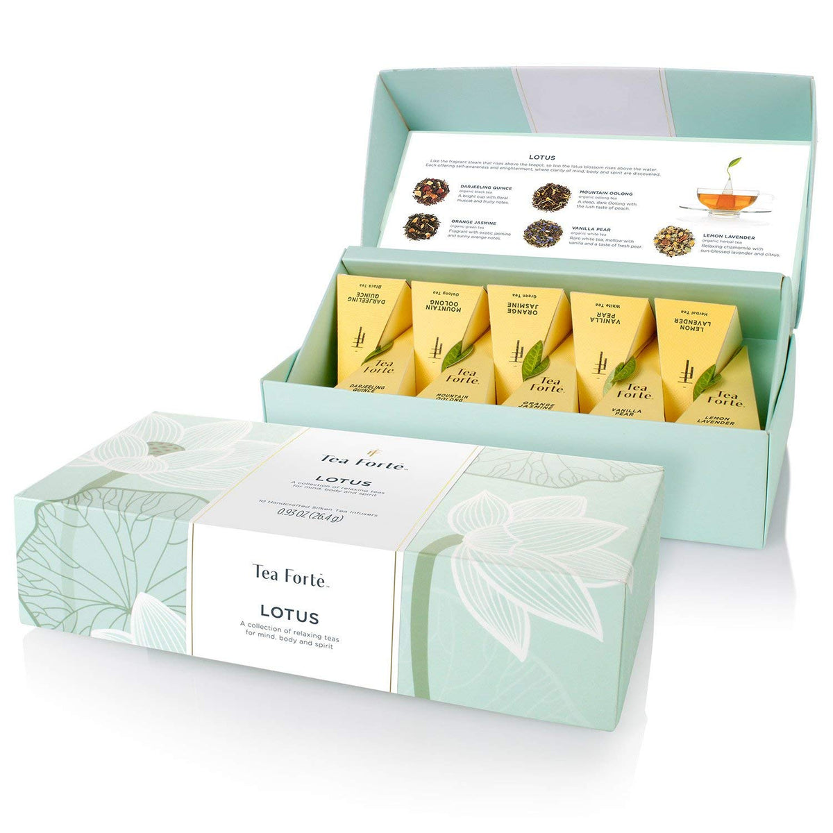 Tea Forte Lotus Relaxing Organic Tea, Petite Presentation Box Tea Sampler Gift Set With 10 Handcrafted Pyramid Tea Infusers