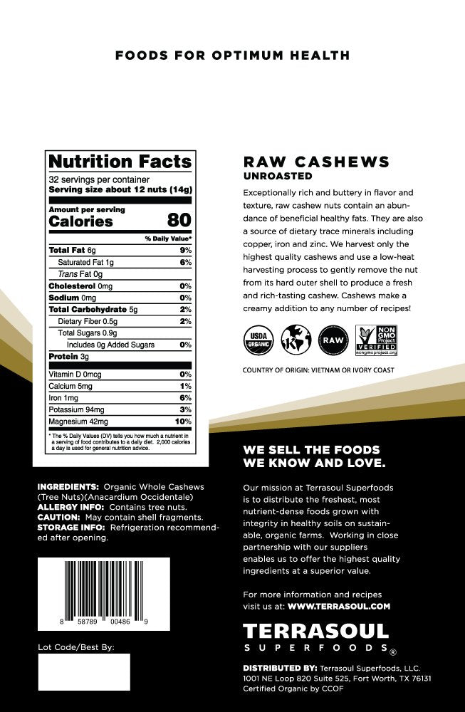 Terrasoul Superfoods Organic Raw Cashews - 16 Oz - Premium Quality for Snacking, Baking, and Culinary Creations