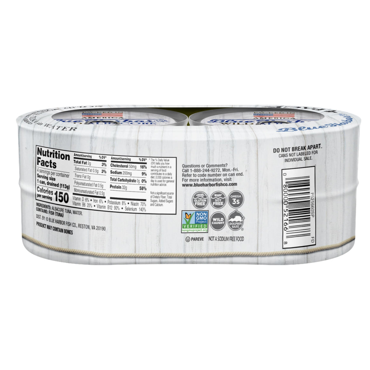 Blue Harbor Fish Co. Wild Albacore Tuna in Water, No Salt Added, 4.6 oz Can, Pack of 4