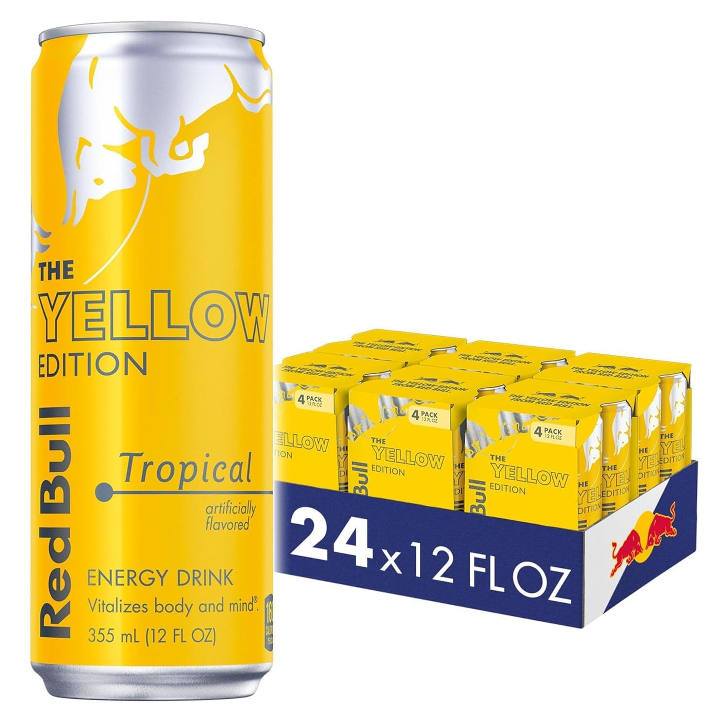 Red Bull Yellow Edition Energy Drink, Tropical Flavor, 114mg Caffeine, 12 Fl Oz, Pack of 24 (6 Packs of 4 Cans)