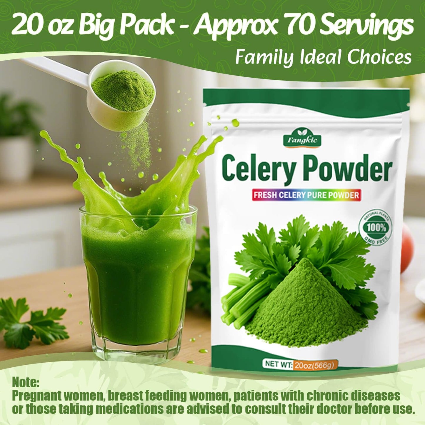 Fangkic Pure Celery Powder 20 oz  Fresh Celery Juice Powder for Drink  1.25 lb / 70 Servings per Pack with a Spoon  100% Natural  Vegan  Gluten Free  UltraFine Cold Pressed  for Baking  Smoothie  Cooking