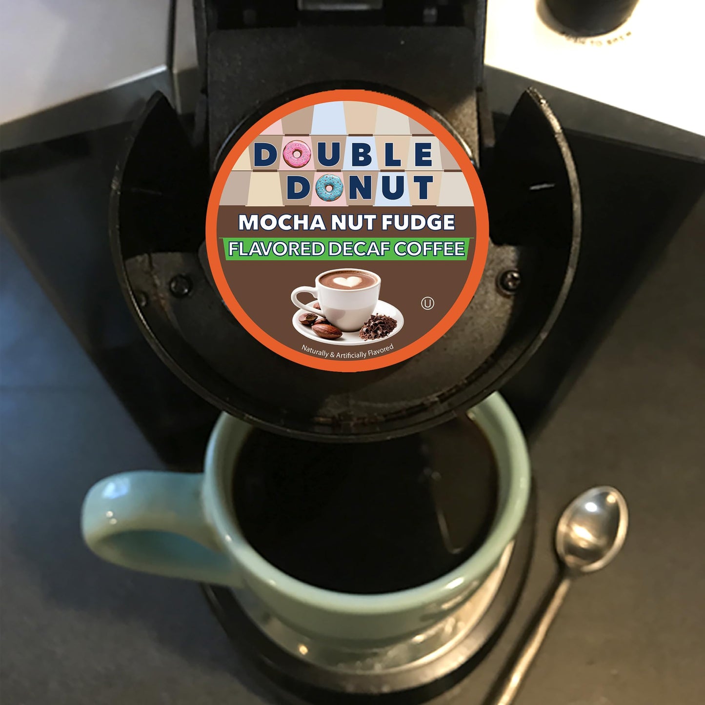 Double Donut Coffee Medium Roast Decaf Coffee Pods, Mocha Nut Fudge Flavored, For Keurig K-Cup Machines, 20 Single-Serve Capsules Per Box