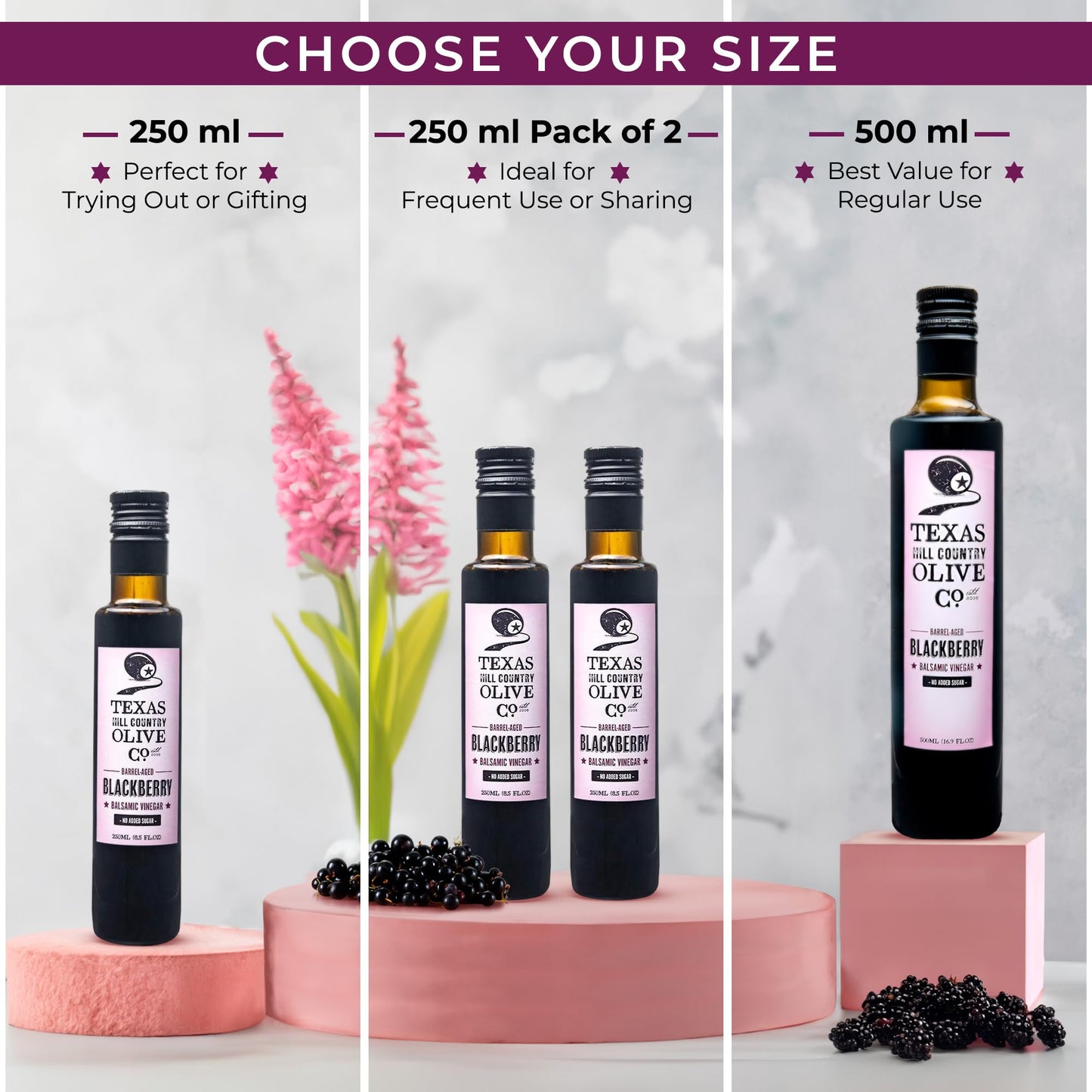 Texas Hill Country Olive Company Blackberry Balsamic Vinegar - Gourmet Barrel Aged - 8.45 Fl Oz - No Artificial Flavors or Added Sugar