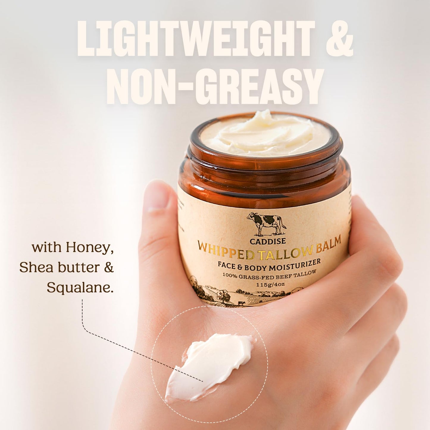 Whipped Beef Tallow for Skin-100% Grass-Fed Handmade Cream Moisturizer for Face & Body, Natural with Honey, Shea Butter, Jojoba