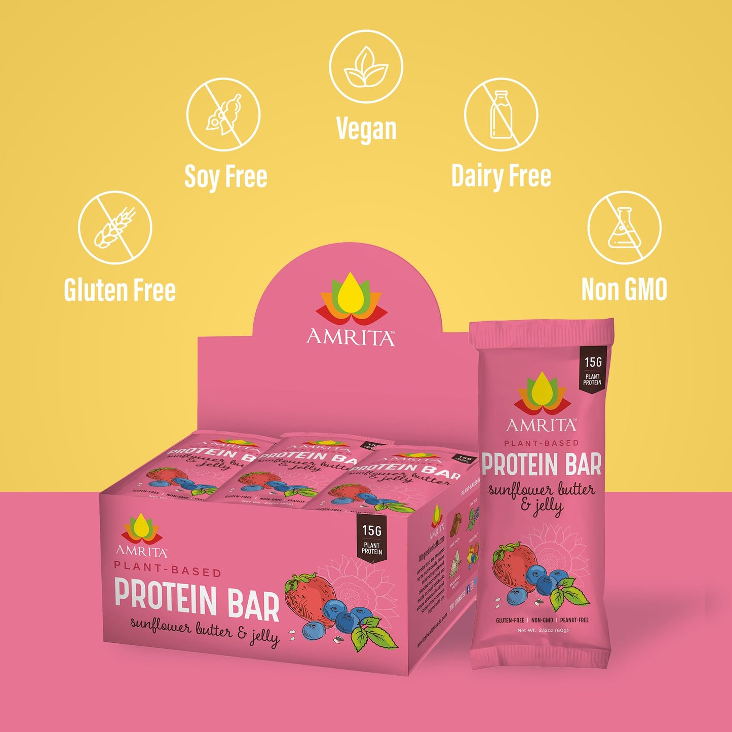 Amrita Nut Free Vegan Protein Bars, Sunflower Butter & Jelly, 15g Protein, 12 Count (Pack of 3), Gluten-Free, Dairy-Free, No Added Sugar