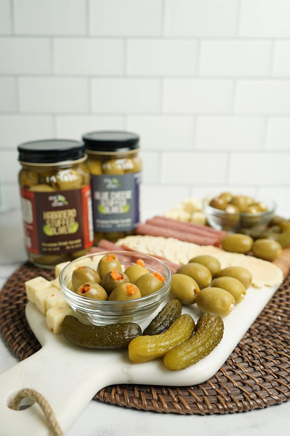 Green Jay Gourmet Garlic Stuffed Olives - 2 x 16 Oz - All Natural Green Olives for Cocktails and Cheese Boards