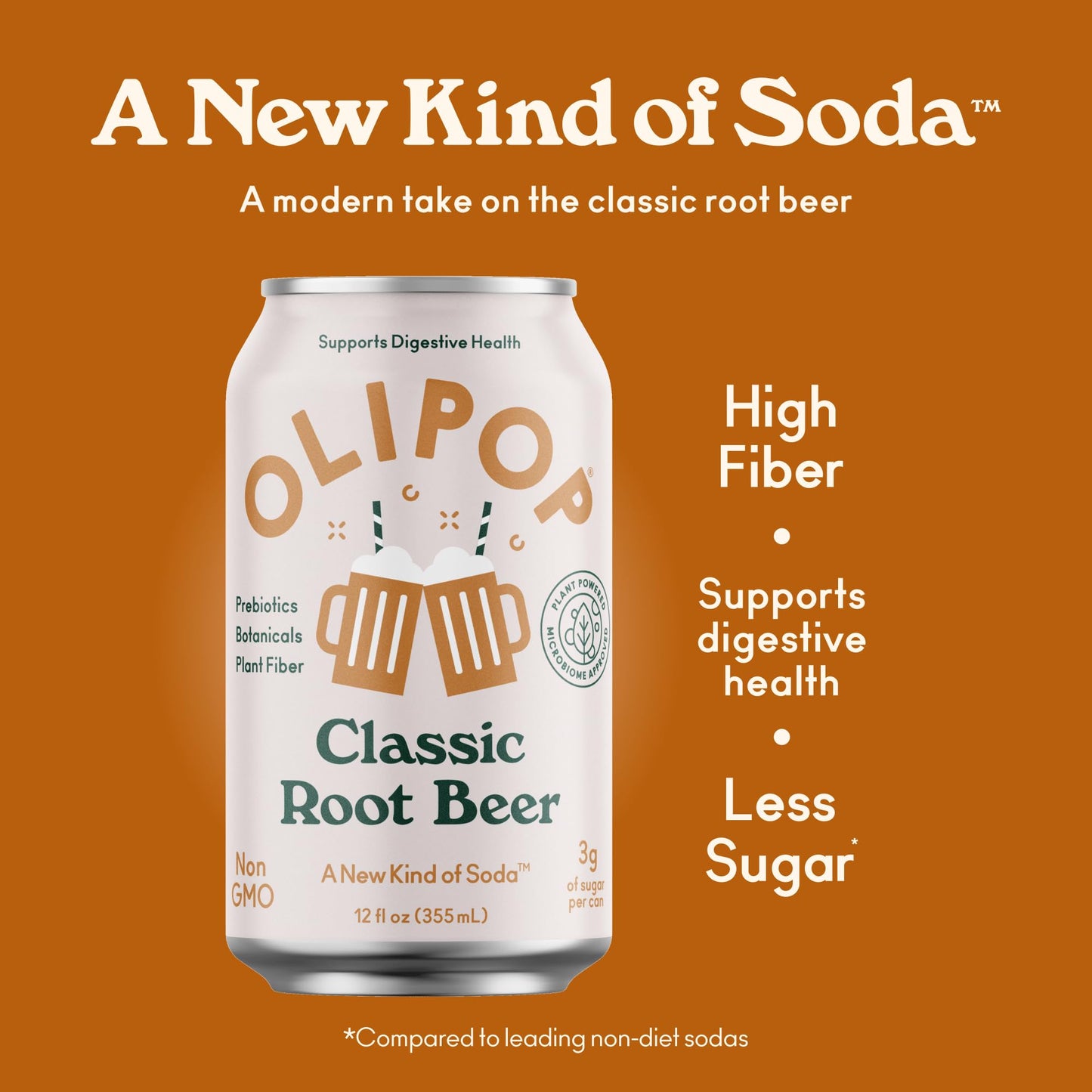 OLIPOP Prebiotic Soda Pop  Classic Root malt-inspired  Prebiotics  Botanicals  Plant Fiber  12 fl oz (4 Cans)