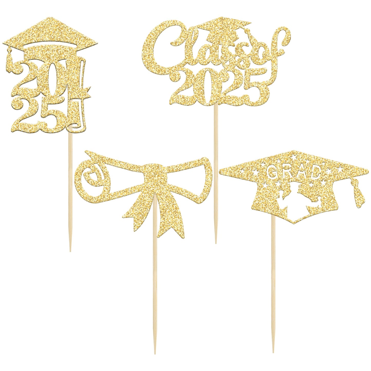 Gyufise Graduation Cupcake Toppers - 24 Pcs Gold Glitter Class of 2025 Diploma Caps for Party Decorations