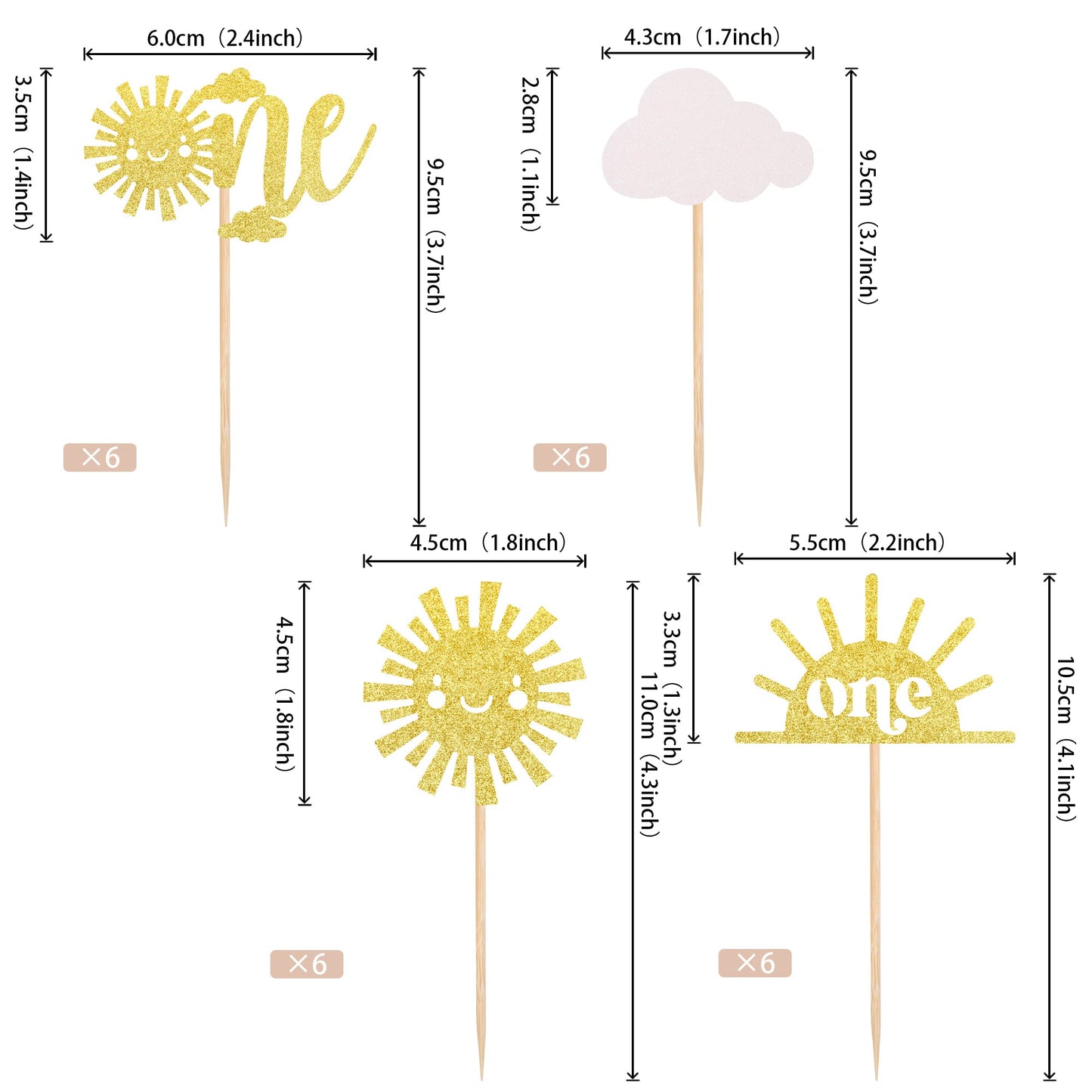 24 Pcs Sunshine One Cupcake Toppers Gold Glitter Sun Simle Face Cloud You Are My Sunshine First Birthday Cupcake Picks Baby Show