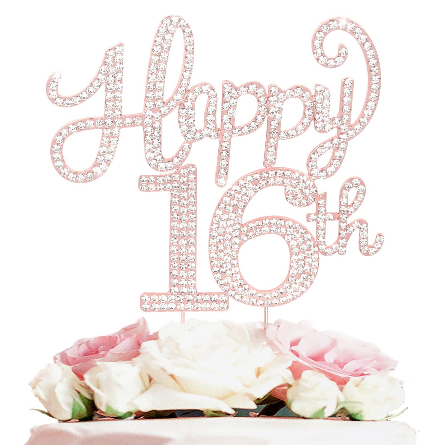 Happy 16Th Birthday Rose Gold Rhinestone Cake Topper - 16Th Birthdayanniversary,Cheers To Sixteen Years Old Bday Party Metal Spa