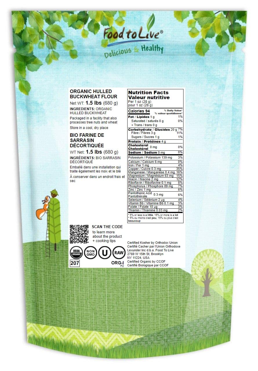 Food To Live Organic Hulled Buckwheat Flour, 1.5 Pounds Non-Gmo, Finely Milled Raw Groats, Kosher, Vegan Powder. Good Source Of
