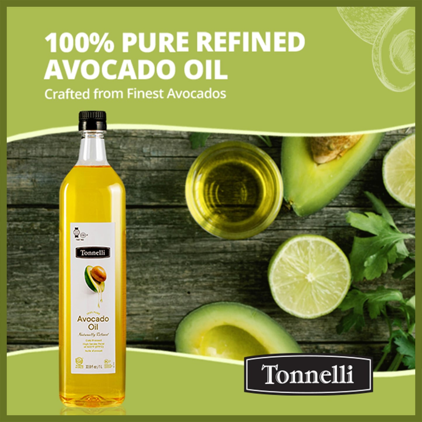 Tonnelli Premium Cold Pressed Naturally Refined Avocado Oil, 1 Liter (2 Pack) | High Smoke Point 520F | Product Of Spain | Certi